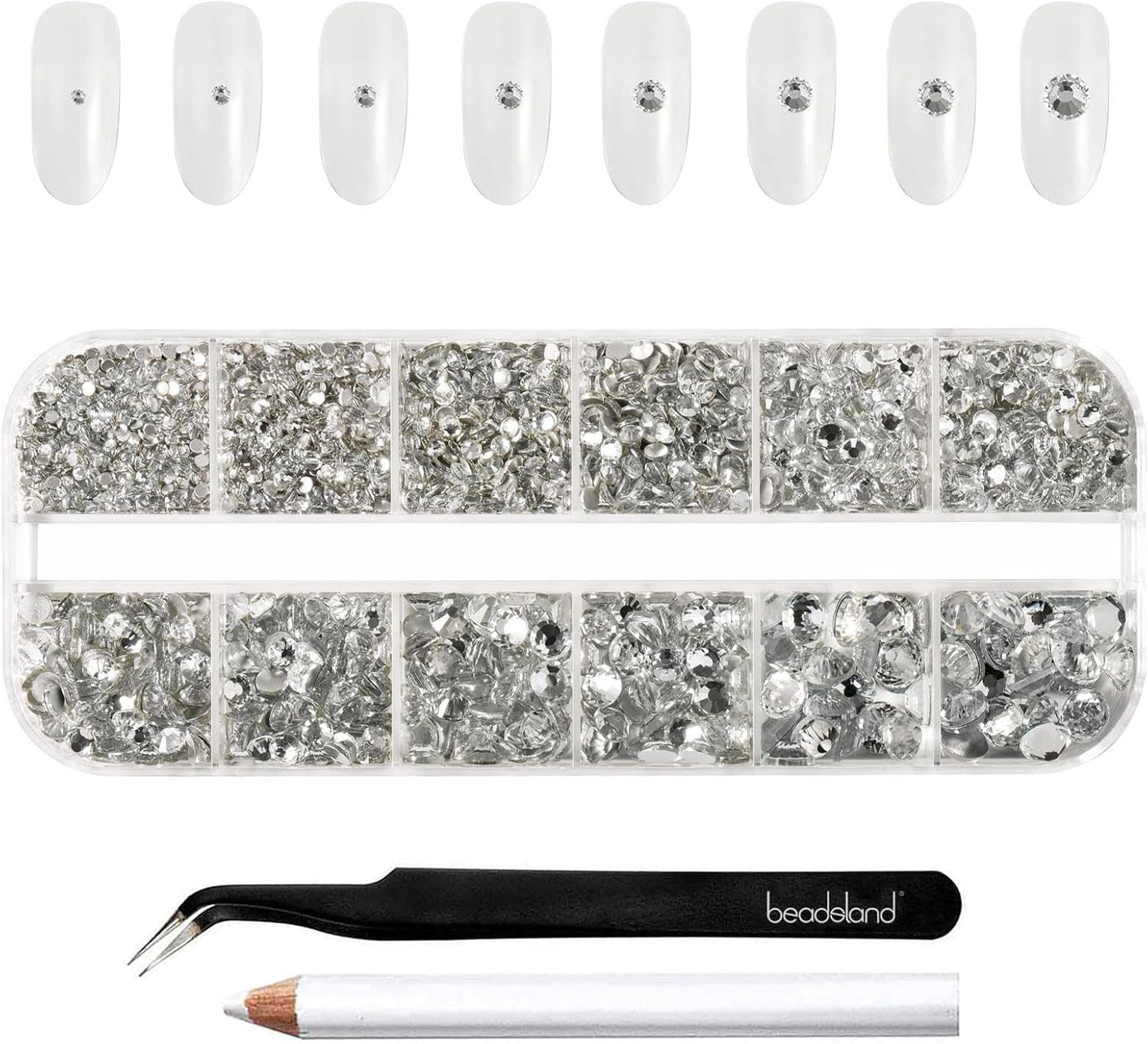 Beadsland 2500 szt. Glas Nailart Strasssteine ​​​​Kristall Flatback Edelsteine ​​​​Runde, ​​Für Handwerk Gemischt 8 Größen SS4 ~ SS30 Mit Picking Pinzette Und Stift (Kristall Weiss)