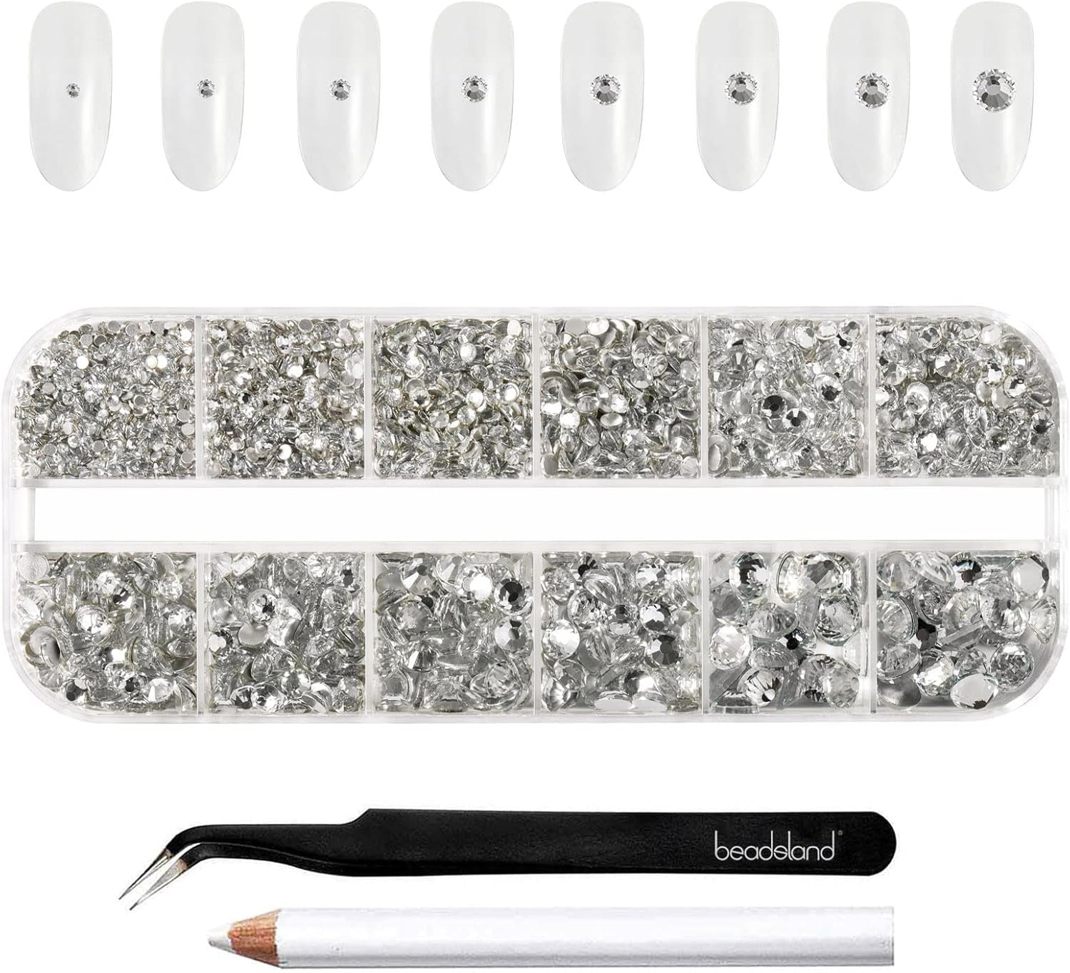 Beadsland 2500 szt. Glas Nailart Strasssteine ​​​​Kristall Flatback Edelsteine ​​​​Runde, ​​Für Handwerk Gemischt 8 Größen SS4 ~ SS30 Mit Picking Pinzette Und Stift (Kristall Weiss)