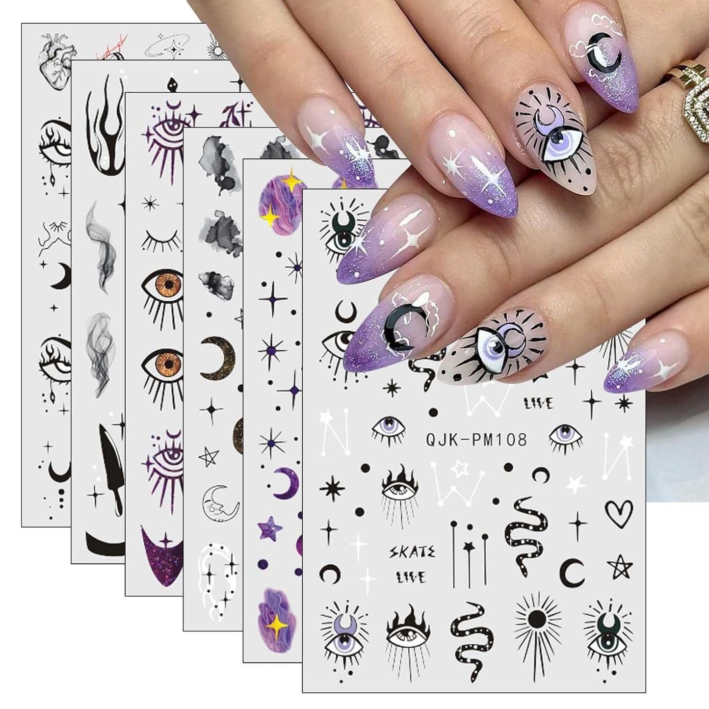Jmeowio Nagelsticker Mond Stern Sonne 9 Blatt Nail Art Naklejka Selbstklebend Nagelaufkleber Bunte Dekoration Nageldesign Zubehör