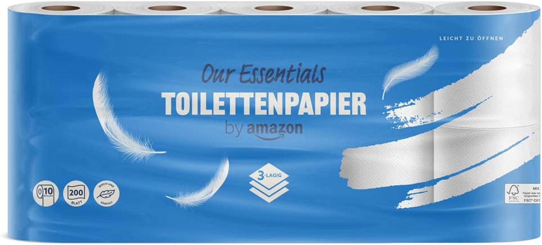 By Amazon Papier toaletowy, 3 warstwy, 10 rolek (10 rolek, 1 opakowanie) 200 arkuszy w rolce, certyfikat Fsc