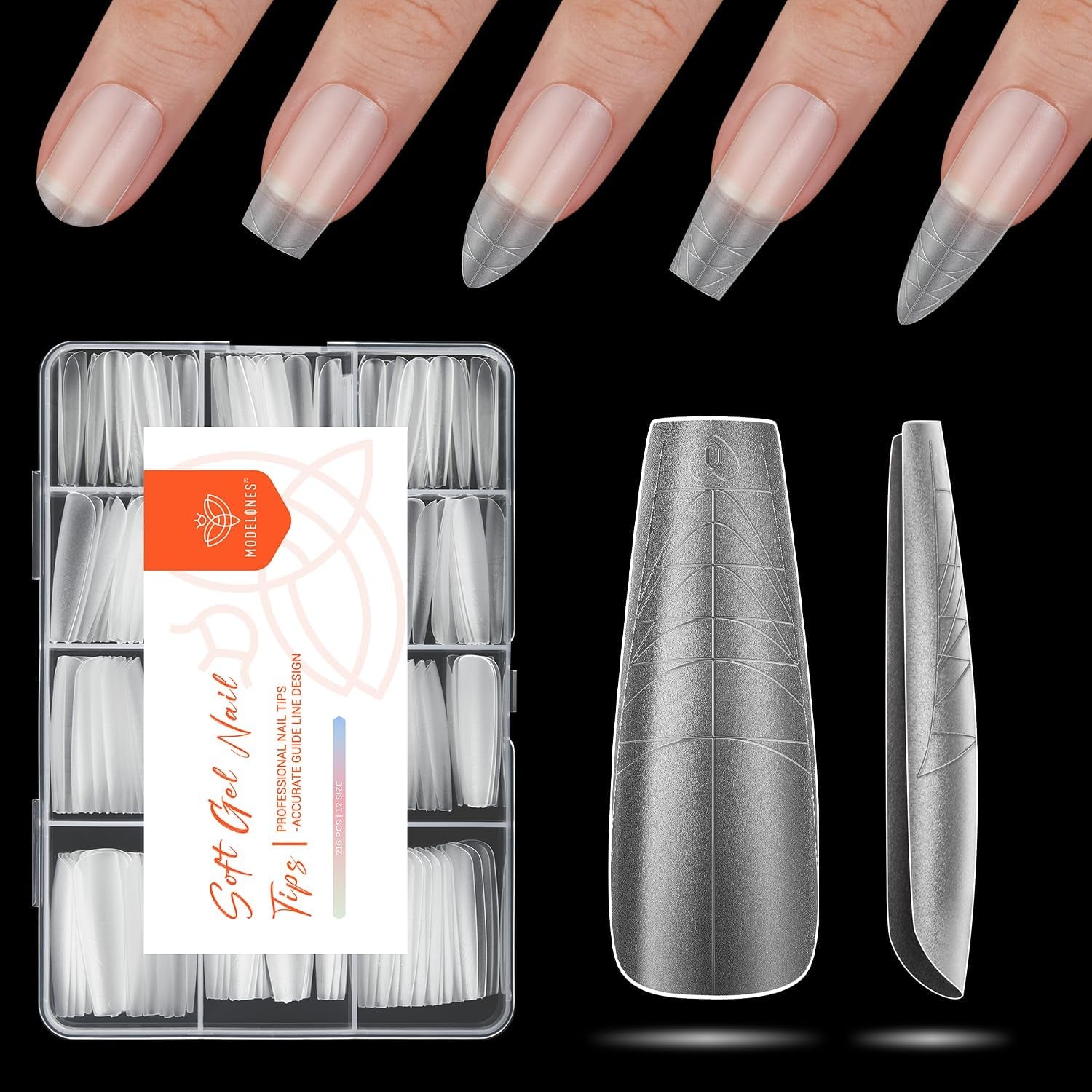Modelones Tipsy 216 sztuk - Zestaw Full Cover Tips, Zestaw miękkich Tipsów żelowych, Wstępne polerowanie Tipsów z żywicy PMMA, DIY Klej na sztucznych paznokciach, Krótkie Migdały XS