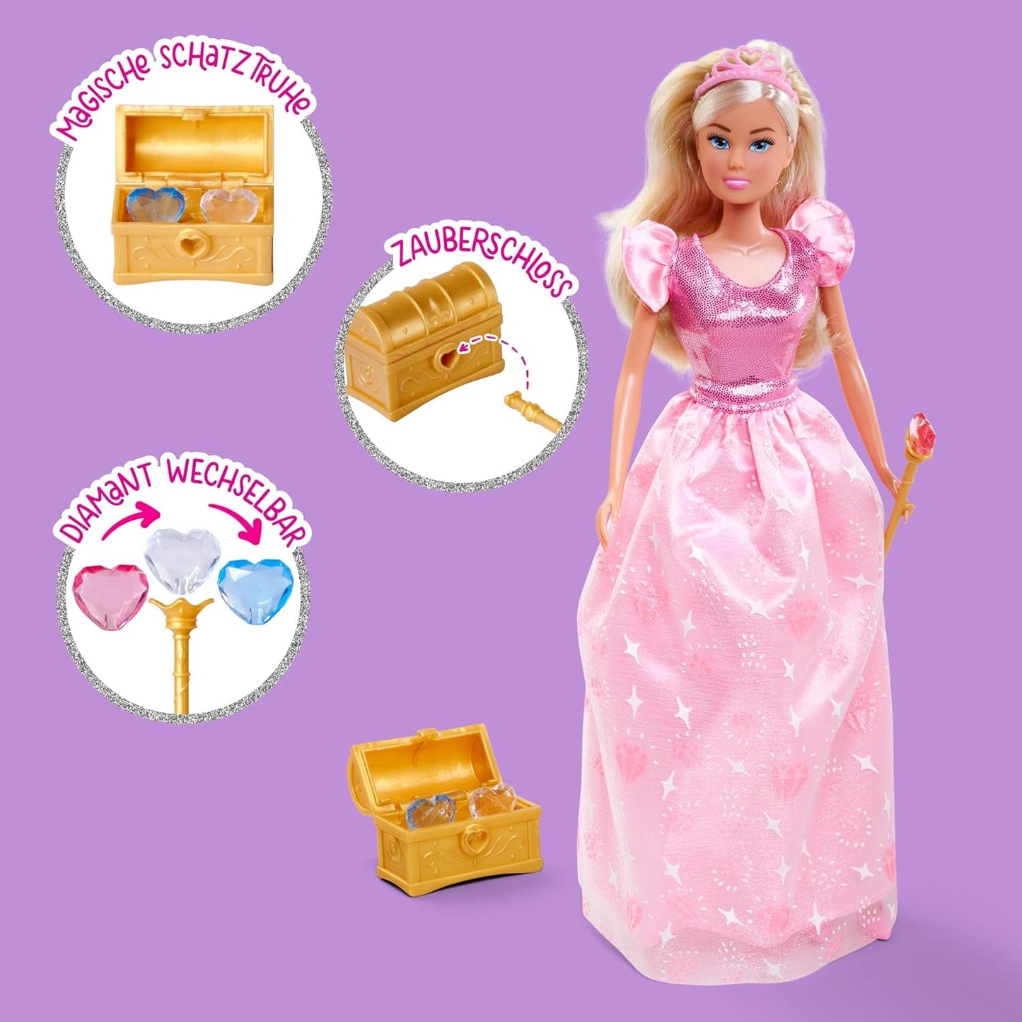 Simba Steffi Love Princess Diamentowa lalka Princess Play z magiczną skrzynią skarbów, berłem i diamentami, 29 cm, 3 lata i więcej