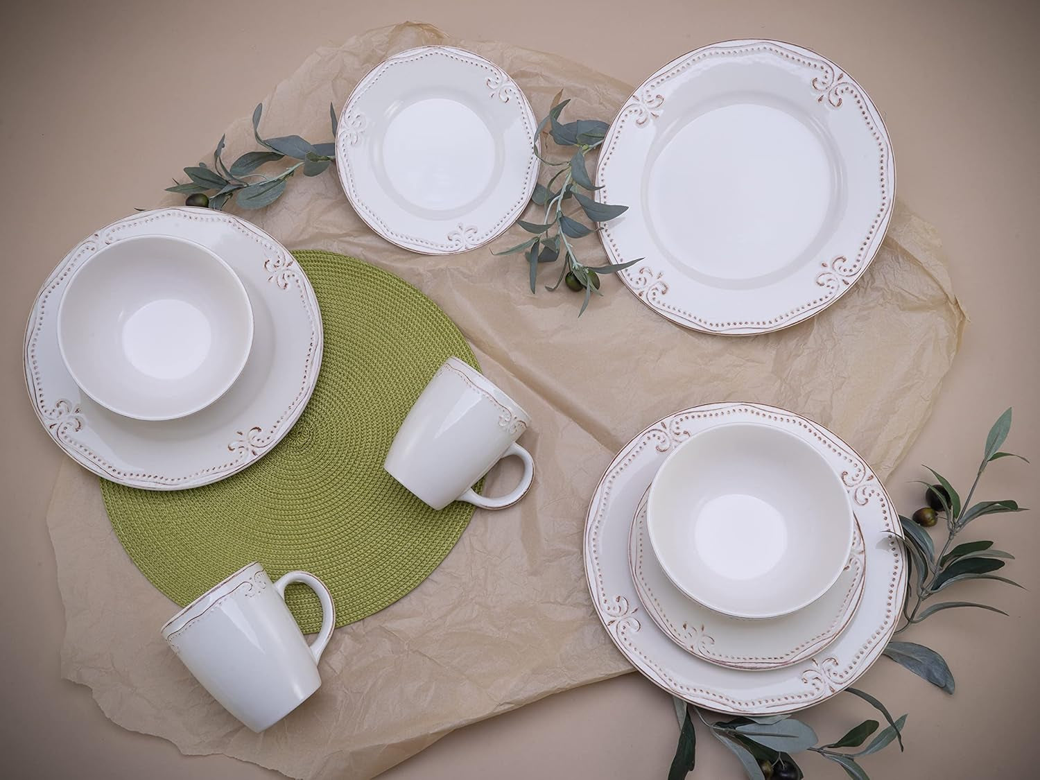 CreaTable, 23601, seria Romantic Vintage, 16-częściowy zestaw naczyń obiadowych dla 4 osób, usługa łączenia porcelany, można myć w zmywarce i używać w kuchence mikrofalowej, jakość produkcji