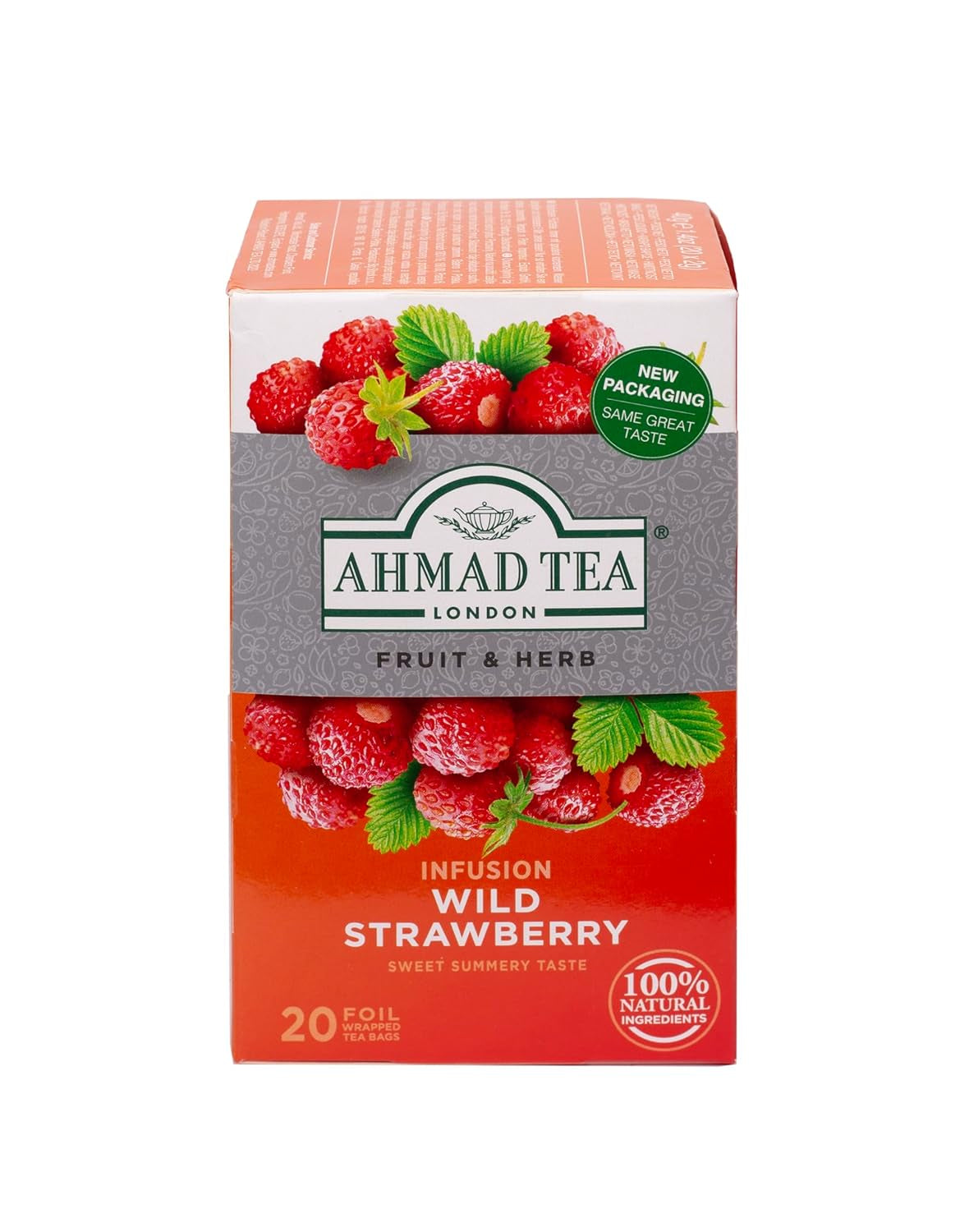 Ahmad Tea - Dzika truskawka - Bezkofeinowa herbata owocowo-ziołowa - Truskawka - Smakowa, pakowana pojedynczo torebka na herbatę zawierająca 2 g herbaty w porcji - 20 torebek z paskiem