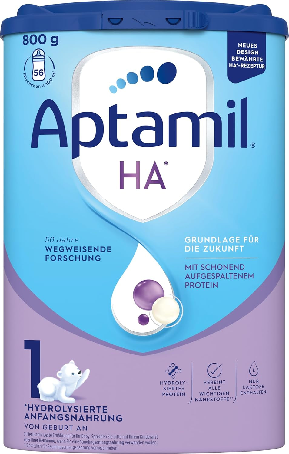 Aptamil HA 1 - Mieszanka dla niemowląt od urodzenia, z DHA, bez laktozy, bez oleju palmowego, żywność dla niemowląt, mleko w proszku, 1 x 800 g