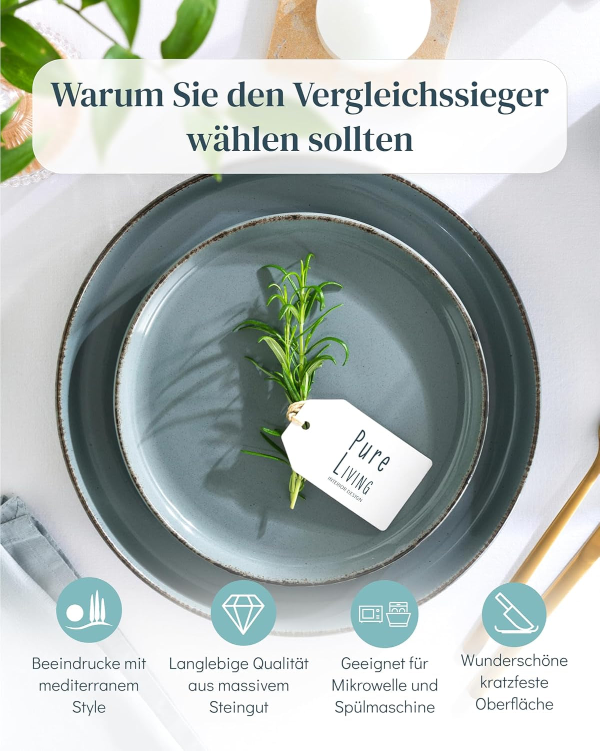 Steingut Geschirrset 12 Personen Rustic 36 tlg. TESTSIEGER, Hochwertiges Landhaussttil Steingut Geschirr Set, Schüssel- und Teller Set, Tafelservice 12 Personen, Geschirrsets Pure Living w Rauchblau
