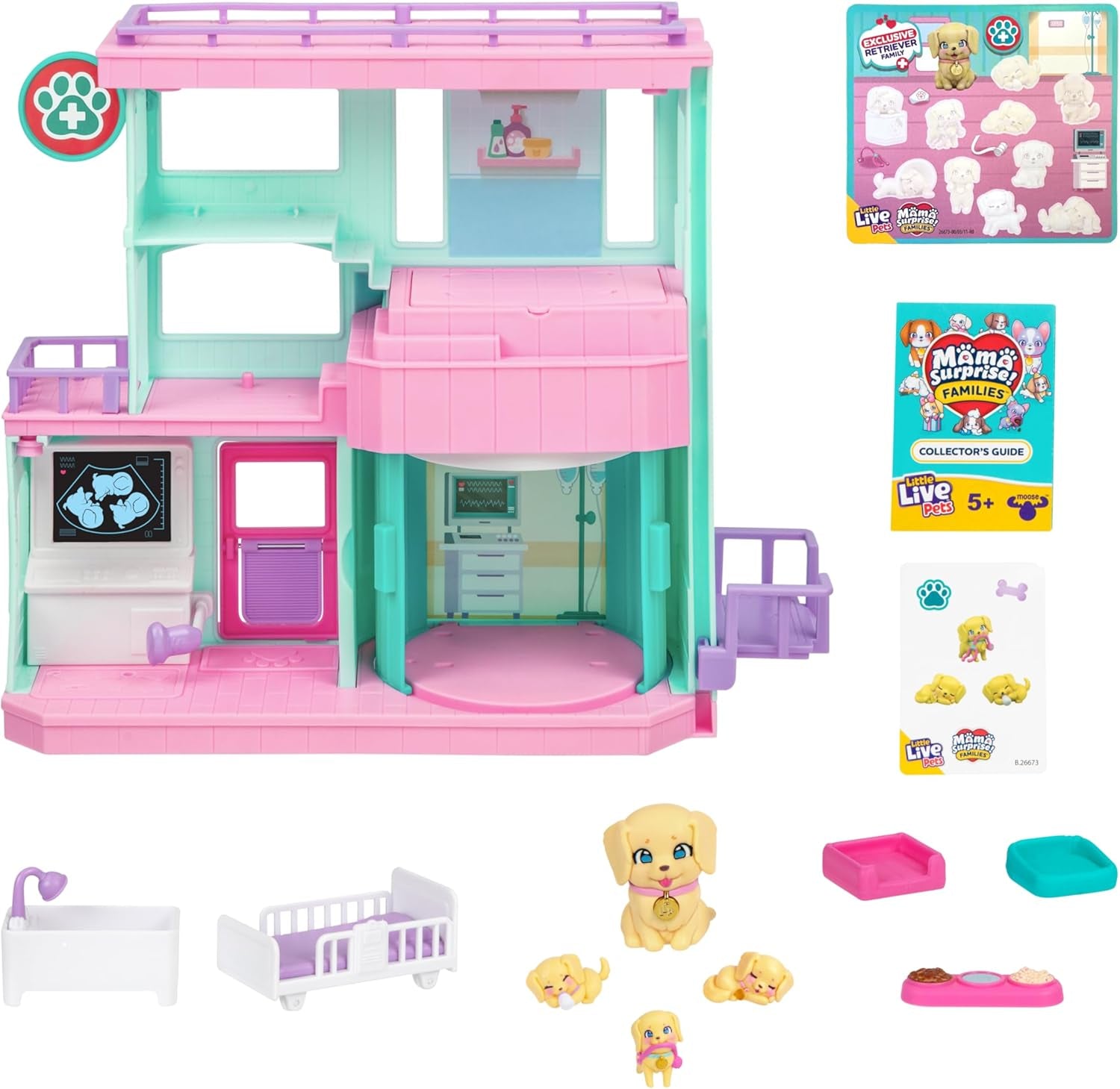 Zestaw Little Live Pets Mama Surprise Families Baby Clinic, w zestawie 3 szczenięta retrieverów, Magic, dwustronny zestaw (27,8 cm szer., 23,8 cm wys.). Karmienie, kąpiel i zabawa, prezent dla dzieci Figurki Naty Shop
