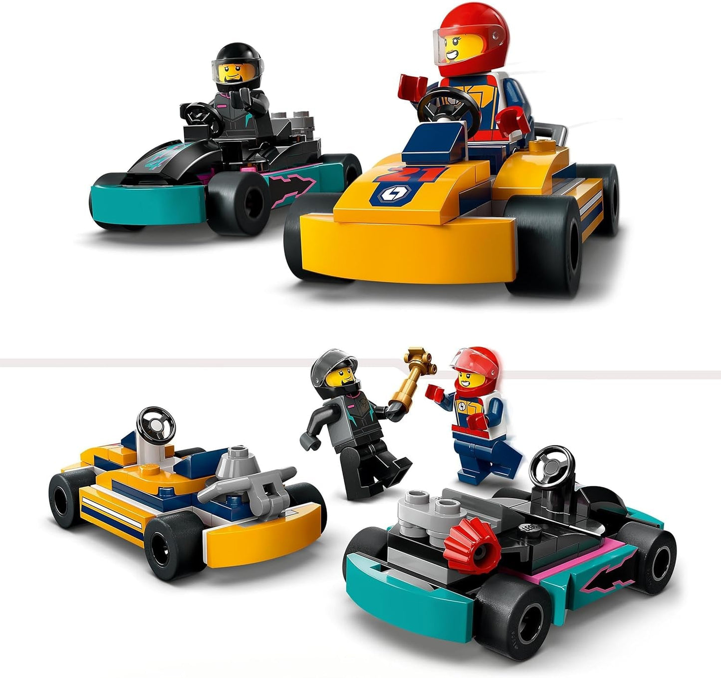 LEGO City Gokarty z kierowcami, zestaw 2 minifigurek kierowców i samochodów wyścigowych, samochody zabawkowe dla 5-letnich chłopców i dziewcząt, fajny prezent dla dzieci 60400 zestawów do budowania Besuche den LEGO-Store