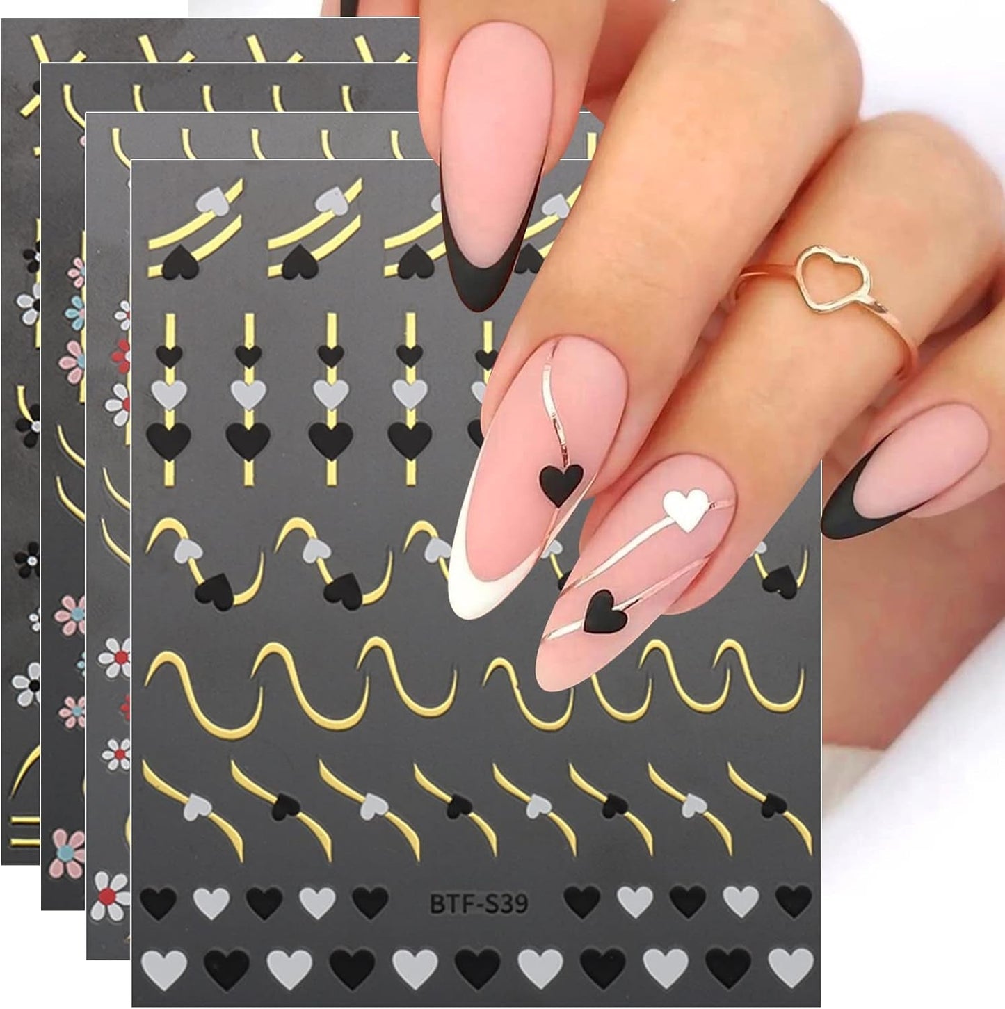 JMEOWIO Nagelsticker Herz Linien Blumen 9 Blatt Nail Art Naklejka Selbstklebend Nagelaufkleber Bunte Dekoration Nageldesign Zubehör
