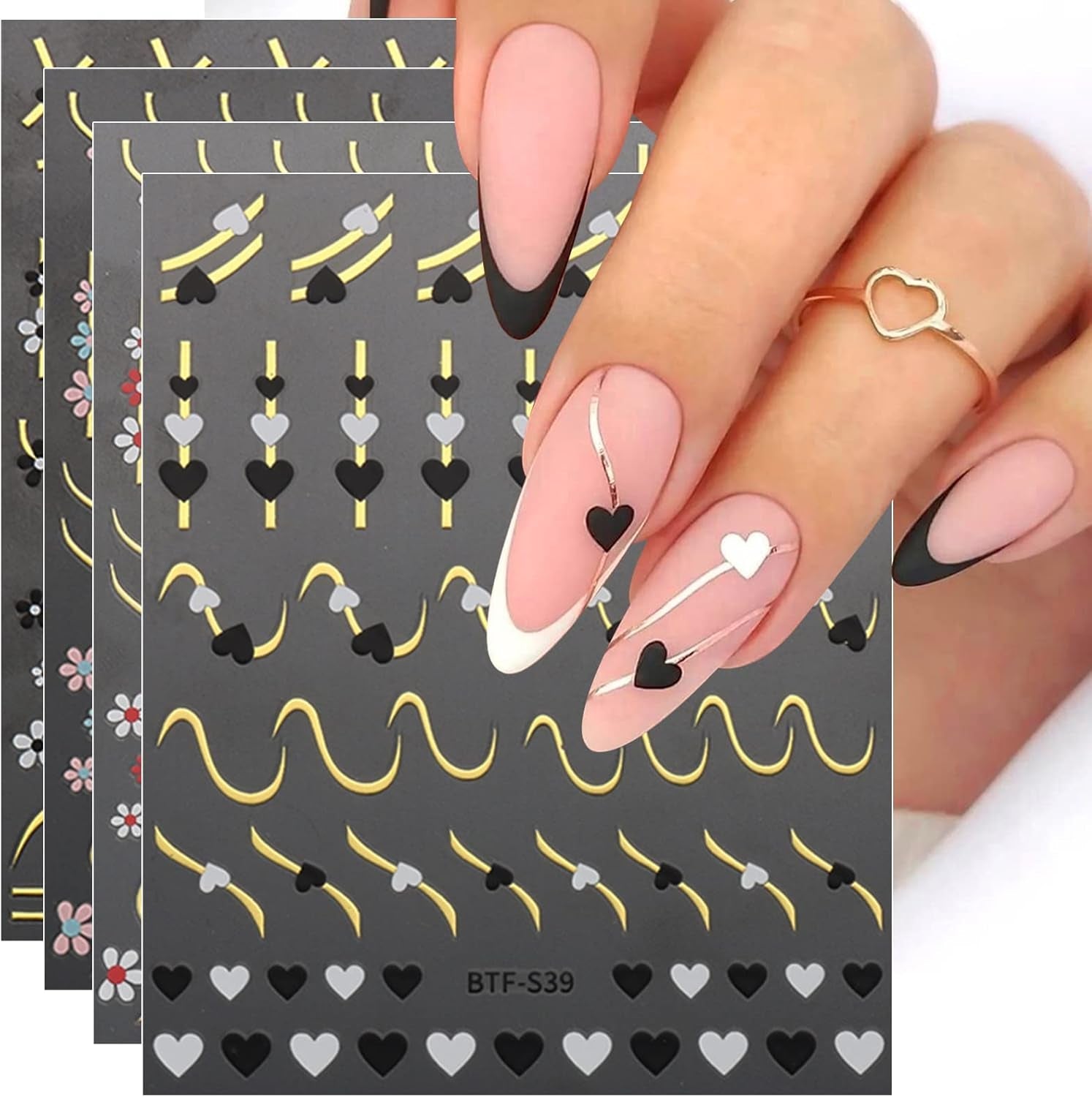JMEOWIO Nagelsticker Herz Linien Blumen 9 Blatt Nail Art Naklejka Selbstklebend Nagelaufkleber Bunte Dekoration Nageldesign Zubehör