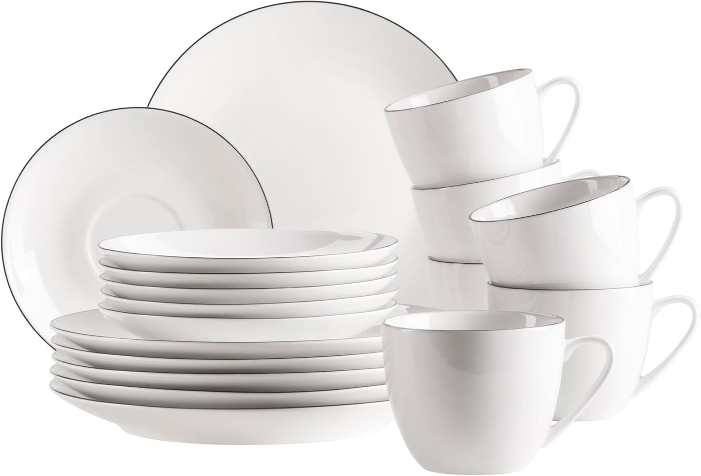 Seria MĘSER Felise, elegancki serwis do kawy na 6 osób, ponadczasowy, czarna obwódka, porcelana, biały
