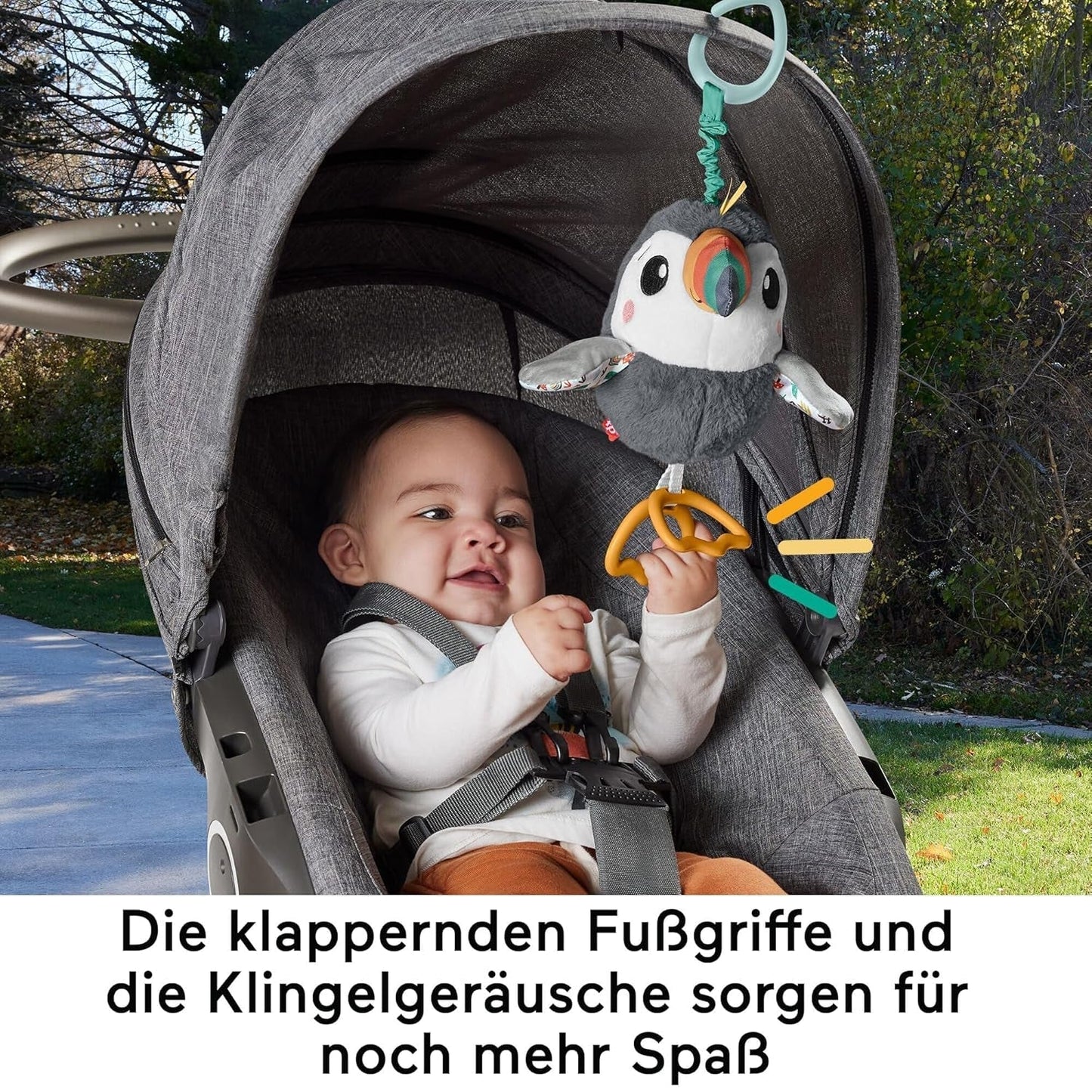 FISHER-PRICE Flap & Go Toucan - pluszowa zabawka do wózka rozwijająca zdolności motoryczne i sensoryczne u noworodków od urodzenia HNX66 Zabawki dla niemowląt Naty Shop