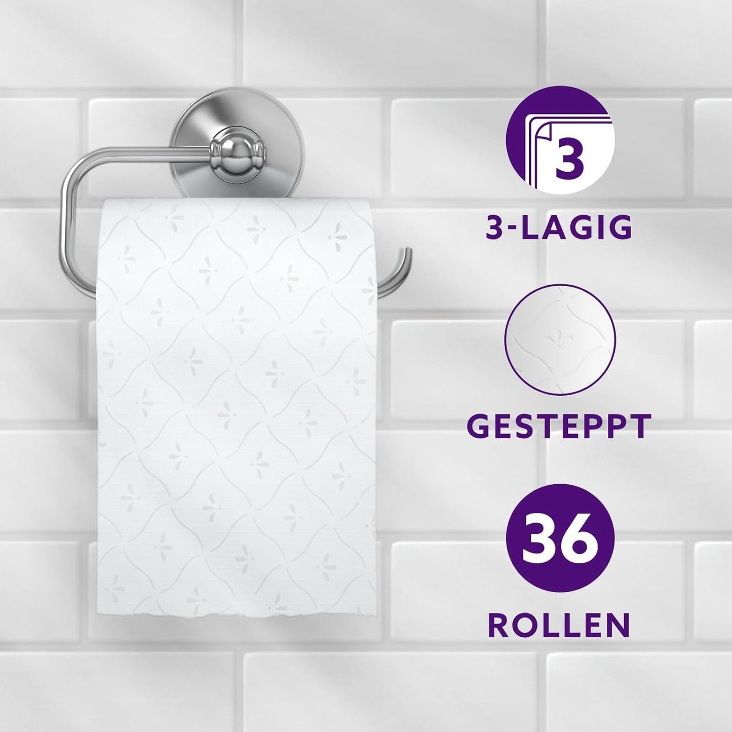 Papier toaletowy Amazon, 3-warstwowy pikowany, aksamitnie miękki, 36 rolek (9 rolek, opakowanie 4 sztuk), 200 arkuszy w rolce, certyfikat Fsc