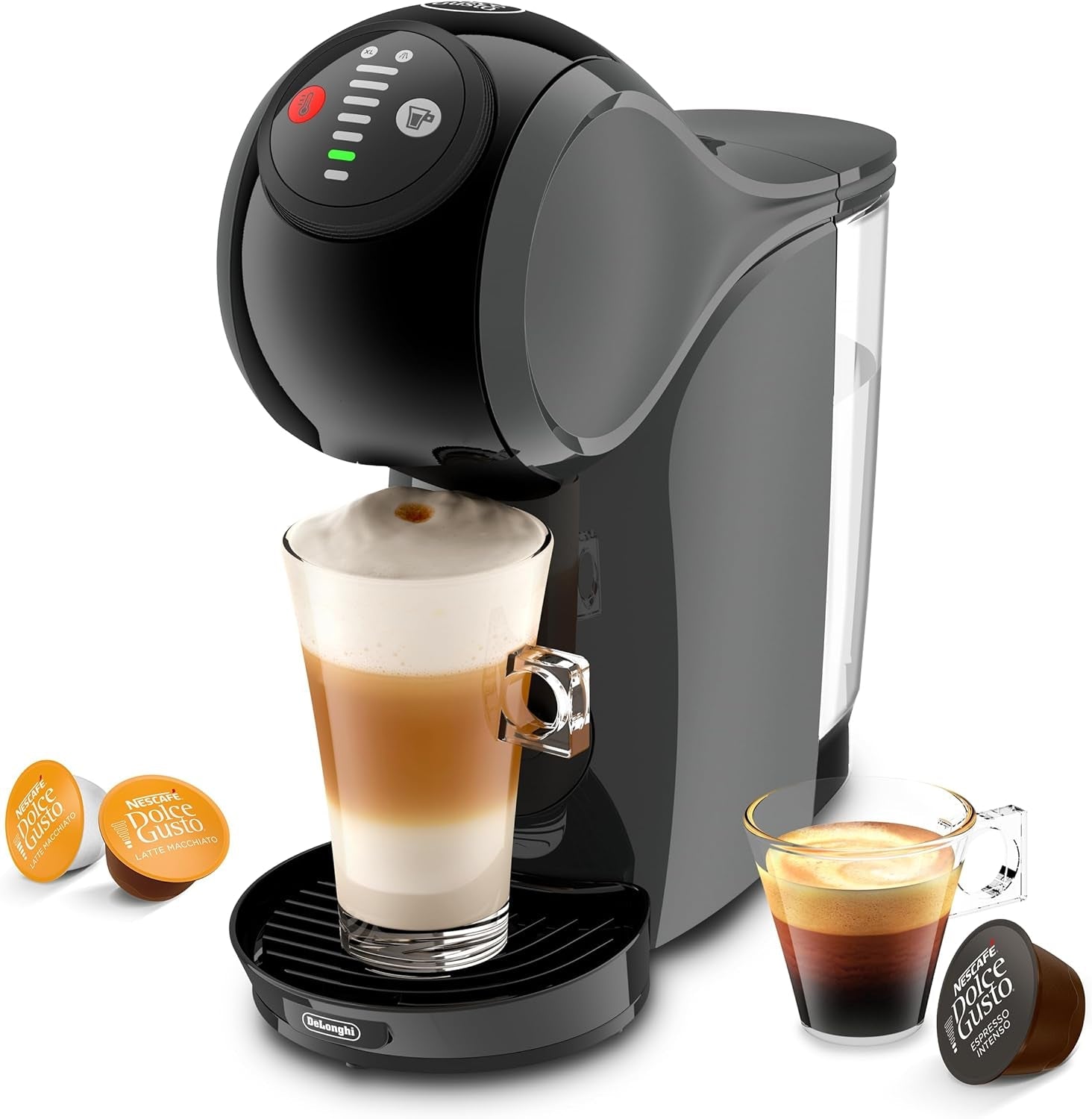 NESCAFÉ DOLCE GUSTO DeLonghi Dolce Gusto Genio S EDG226.A, Ekspres na kapsułki z 3 kapsułkami, kompaktowa konstrukcja, regulowana tacka ociekowa, 0,8 l, wyjmowany zbiornik na wodę, 1470 W, antracyt