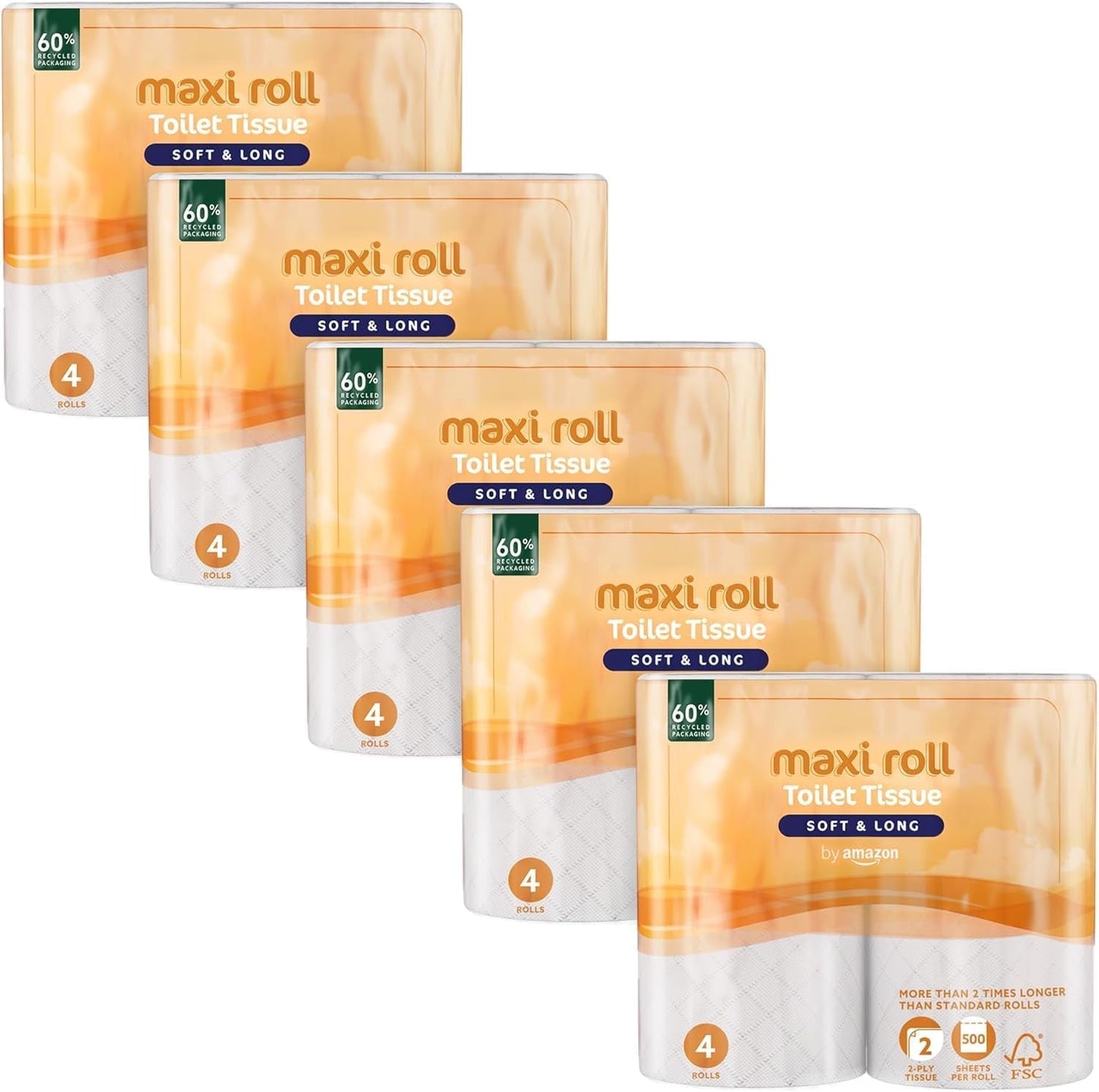 Papier toaletowy Amazon (Maxi Roll), 2-warstwowy, pikowany, miękki i delikatny, 20 rolek (5 opakowań po 4), 500 łez na rolkę, certyfikat Fsc