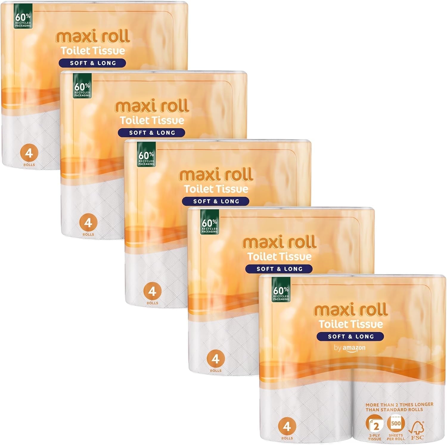 Papier toaletowy Amazon (Maxi Roll), 2-warstwowy, pikowany, miękki i delikatny, 20 rolek (5 opakowań po 4), 500 łez na rolkę, certyfikat Fsc