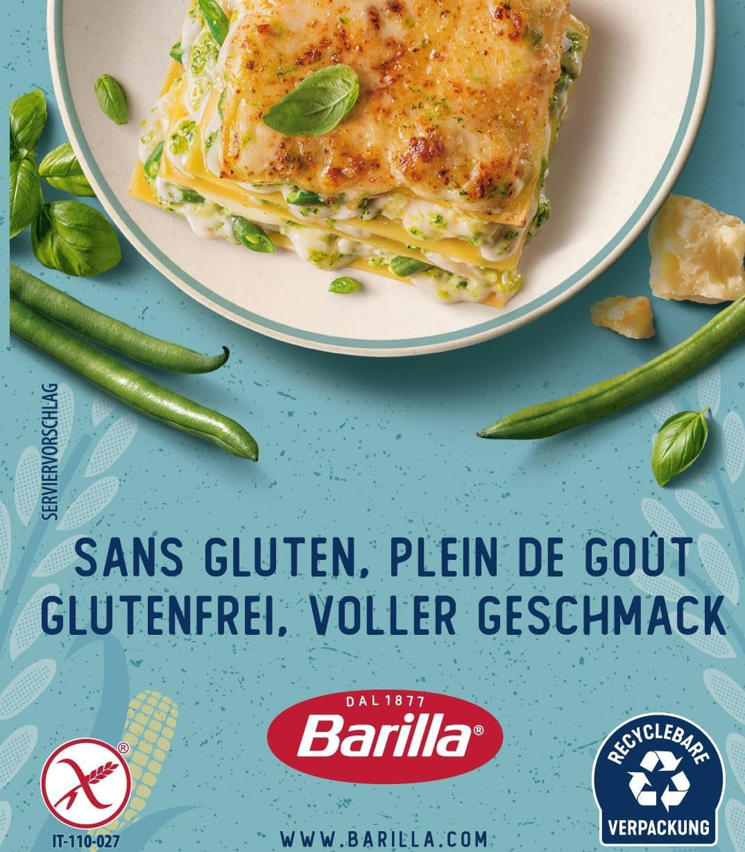 Barilla Pasta Bezglutenowa lasagne, przygotowana z pysznej kukurydzy i ryżu, idealna dla osób z celiakią lub nietolerancją glutenu, opakowanie 10 sztuk (10 x 250g)