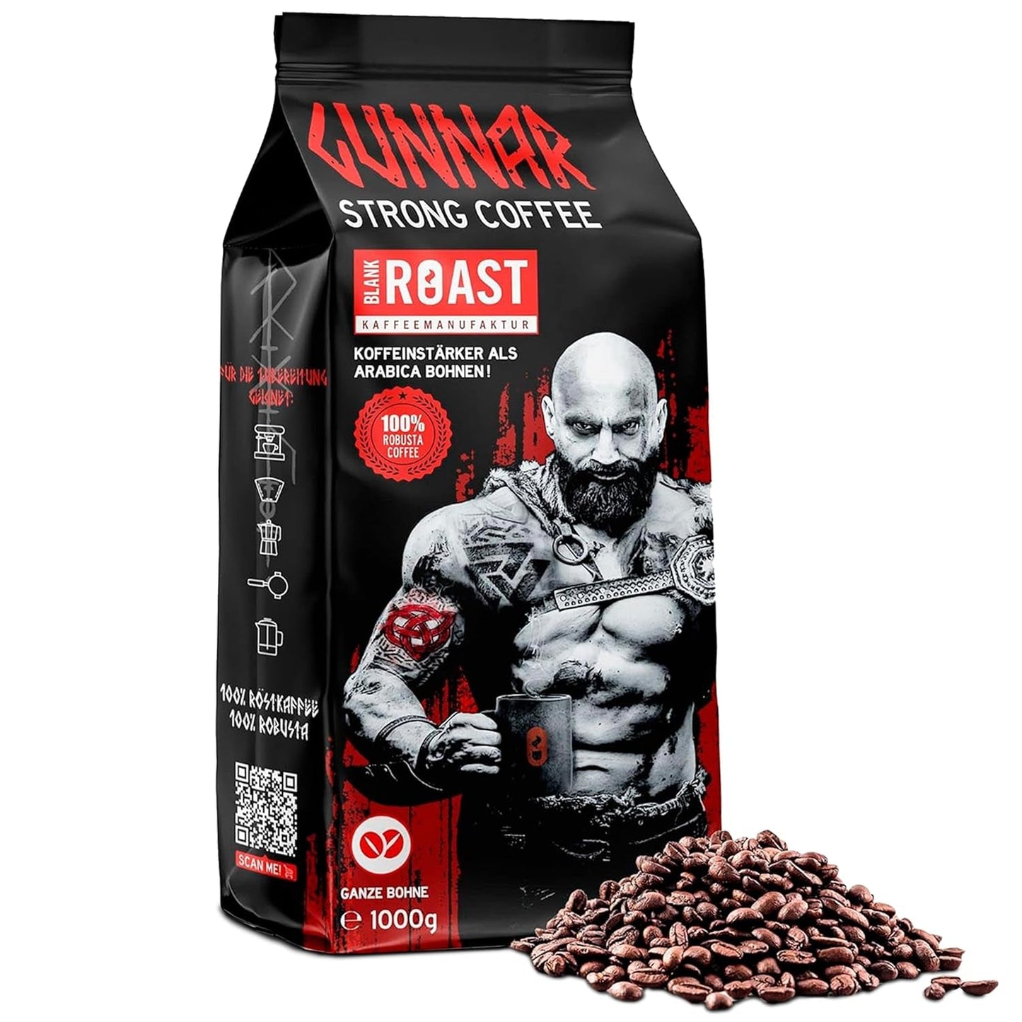 Pusta pieczeń - GUNNAR - 1kg - Cała kawa-Bohnen Extra Strong - Kräftige Robusta-Röstung - 494mg Kaffein je Tasse - Würzig & Kraftvoll mit Noten von dunkler Schokolade - Säurearm