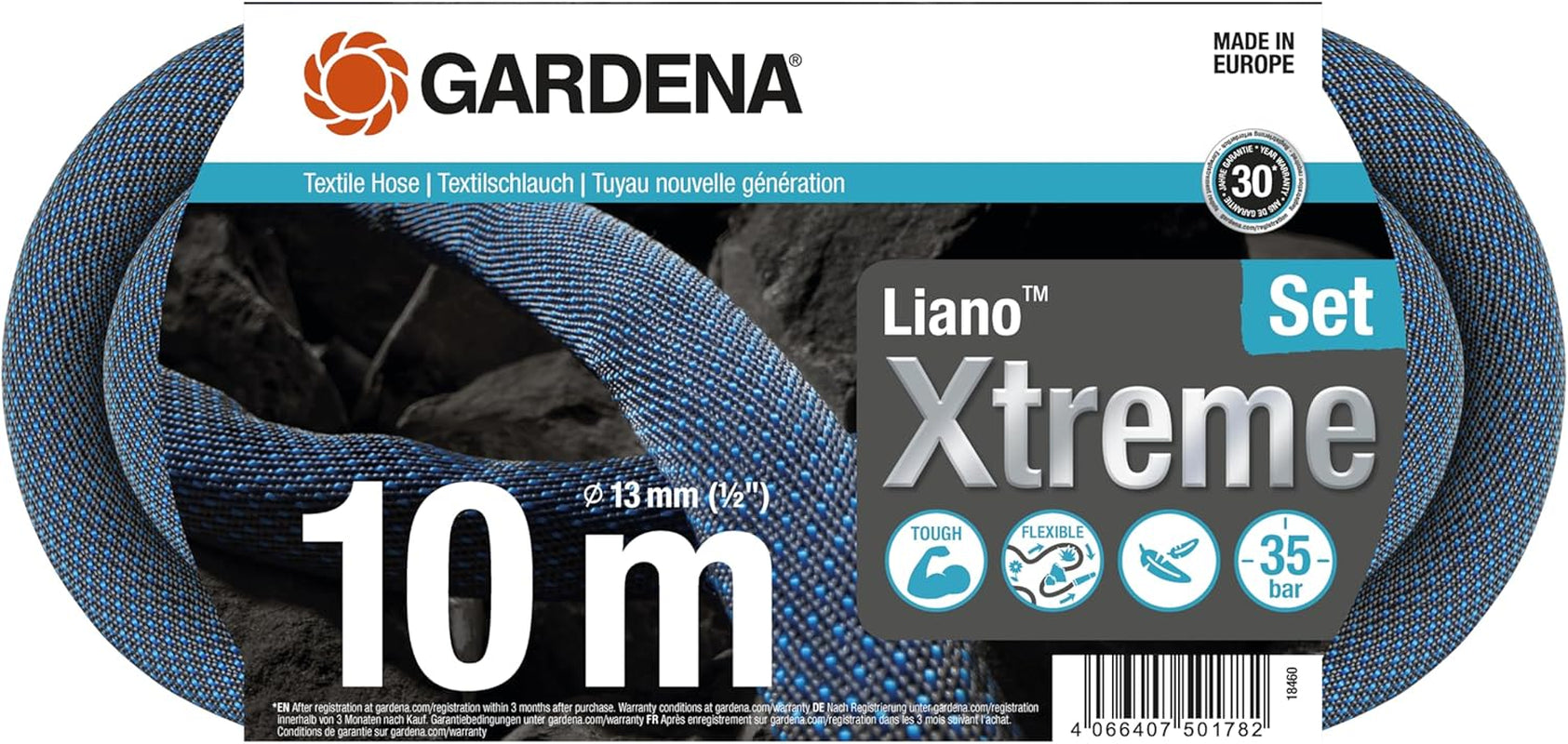 Gardena Liano Xtreme 1/2 cala 10 m Zestaw: Niezwykle wytrzymały tekstylny wąż ogrodowy do kranów wewnętrznych z lekkim, odpornym na warunki atmosferyczne wężem wewnętrznym z PCV (18460-20)