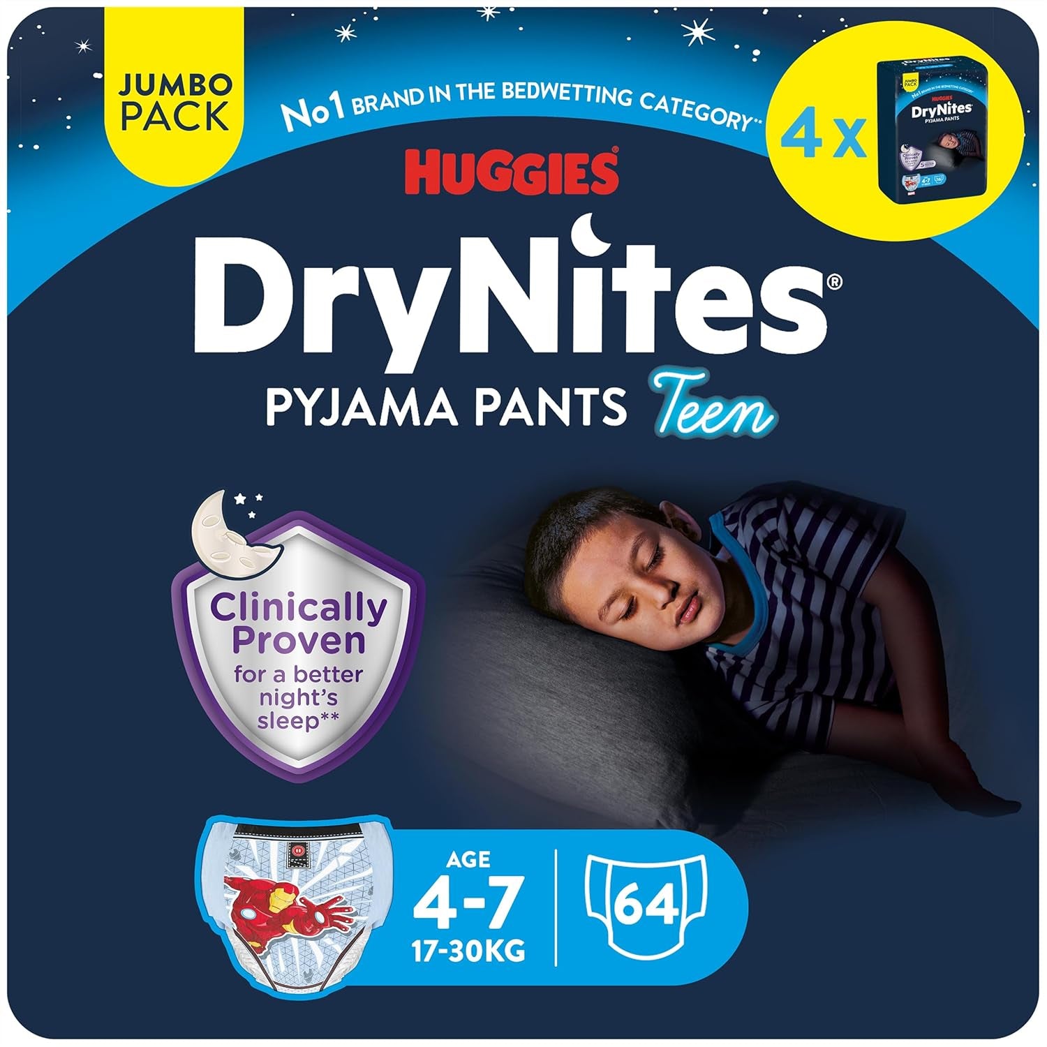 Chłonne pieluszki na noc DryNites dla chłopców 4–7 lat (17–30 kg), duże opakowanie miesięczne, 64 szt.