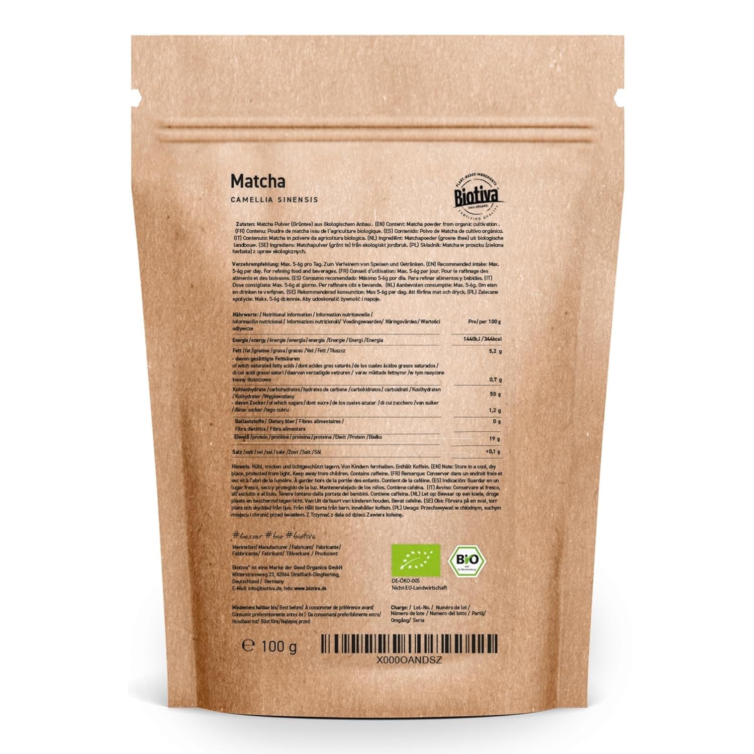 Organiczna herbata Matcha 100g - Oryginalna Matcha w proszku - Herbaciane koktajle Latte - Najwyższej jakości organiczna Matcha z Japonii - Butelkowana i kontrolowana w Niemczech - Biotiva