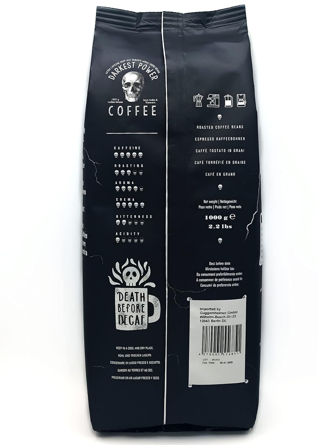 | Kaffeebohnen wyjątkowo mocny | Espresso 100% Robusta | viel Kaffein wenig Säure | 1000g ganze Kaffee Bohnen | geigeint für W pełni automatyczny | z gwarancją Zufriedenheits