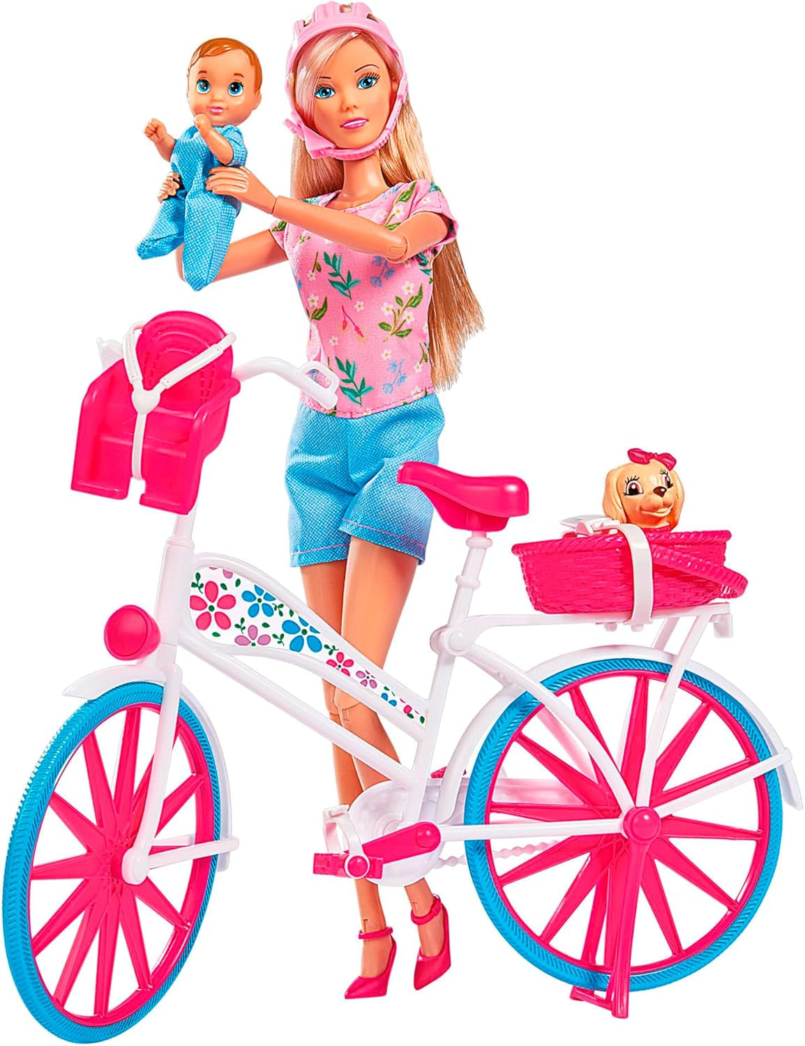 Simba 105739050 - Steffi Love Bike Tour, Steffi i Evi w ich trzypiętrowym zamku z huśtawką, meblami i mnóstwem akcesoriów, 40 sztuk, 102x90x38cm, dla dzieci w wieku 3 lat i starszych