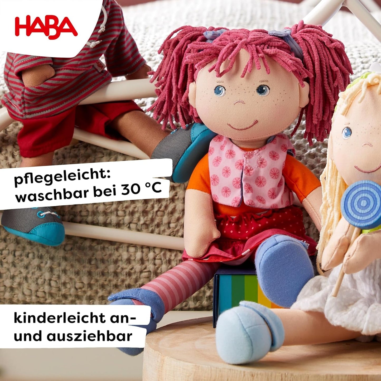 Lalka HABA Lily Lou - Lalka z miękkiej tkaniny od 18 miesięcy - 30 cm z ubrankami i włosami - Idealna towarzyszka zabaw dla małych dzieci - 1302842001