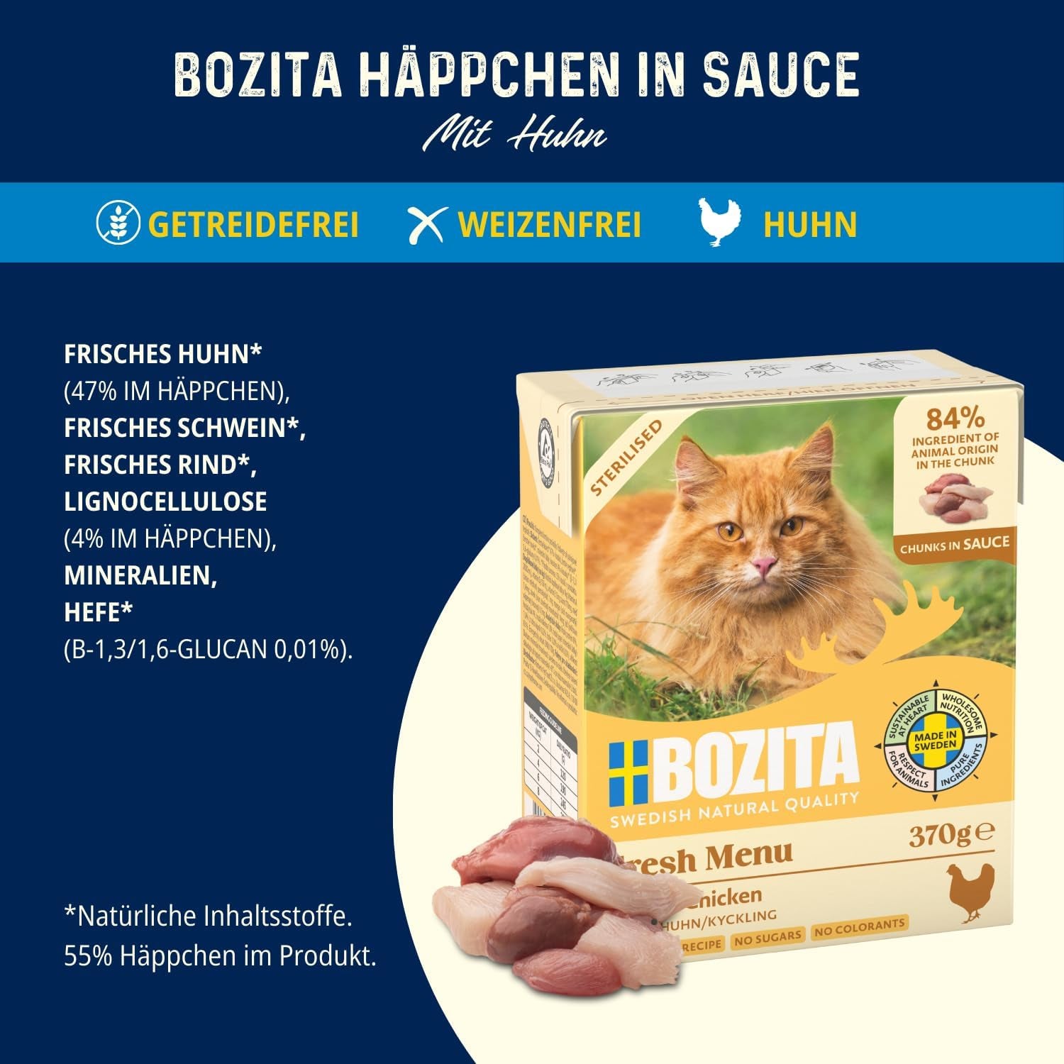 Bozita Tetra Sterylizowane kawałki w sosie z dużą ilością kurczaka - 6 x 370g Mokra karma dla kotów bez ziaren i cukru - Bez GMO, z 8,5% białka i 4,5% tłuszczu - Wysoka jakość i wyjątkowo smaczna