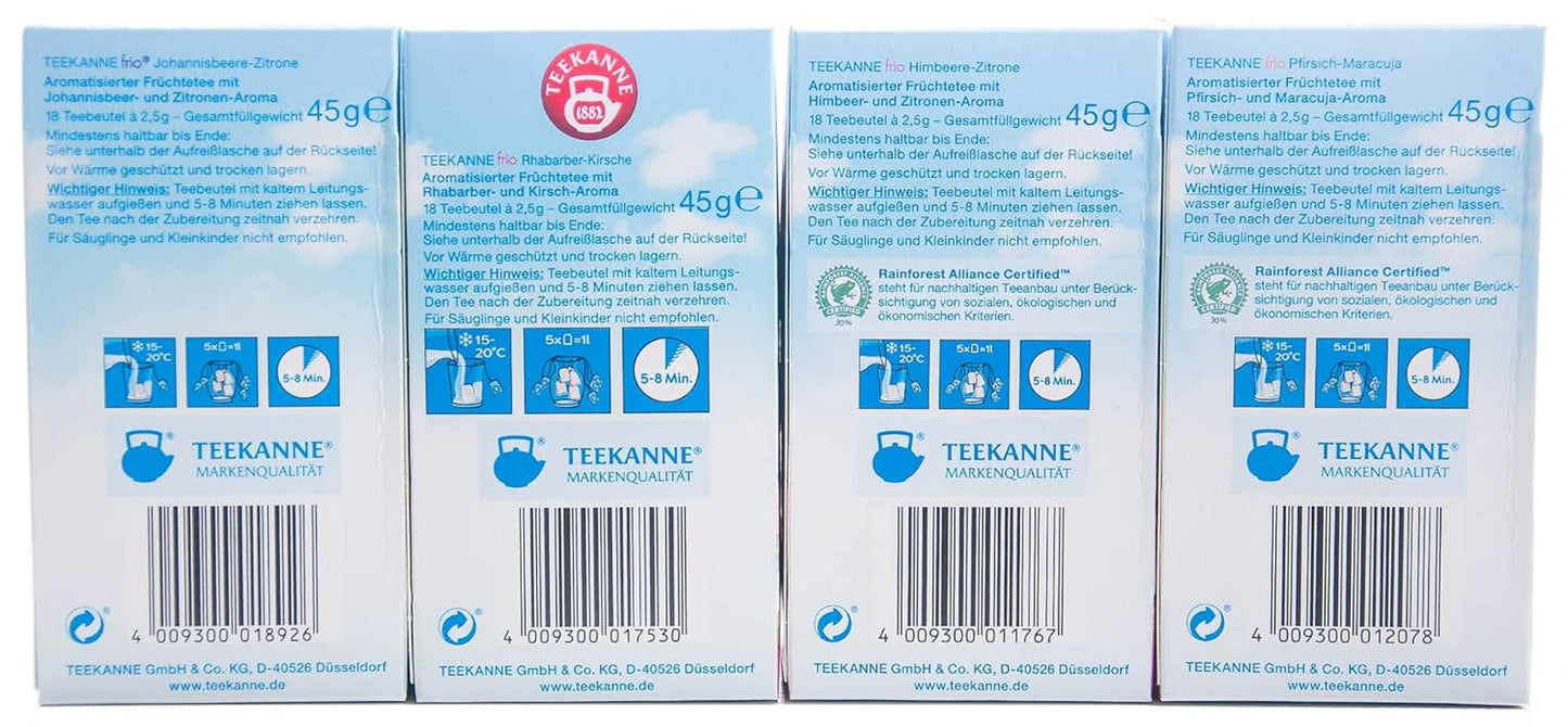 Teekanne Frio 4 sztuki, Rabarbar-Wiśnia, Porzeczka-Cytryna, Malina-Cytryna, Brzoskwinia-Marakuja (4 x 45g)