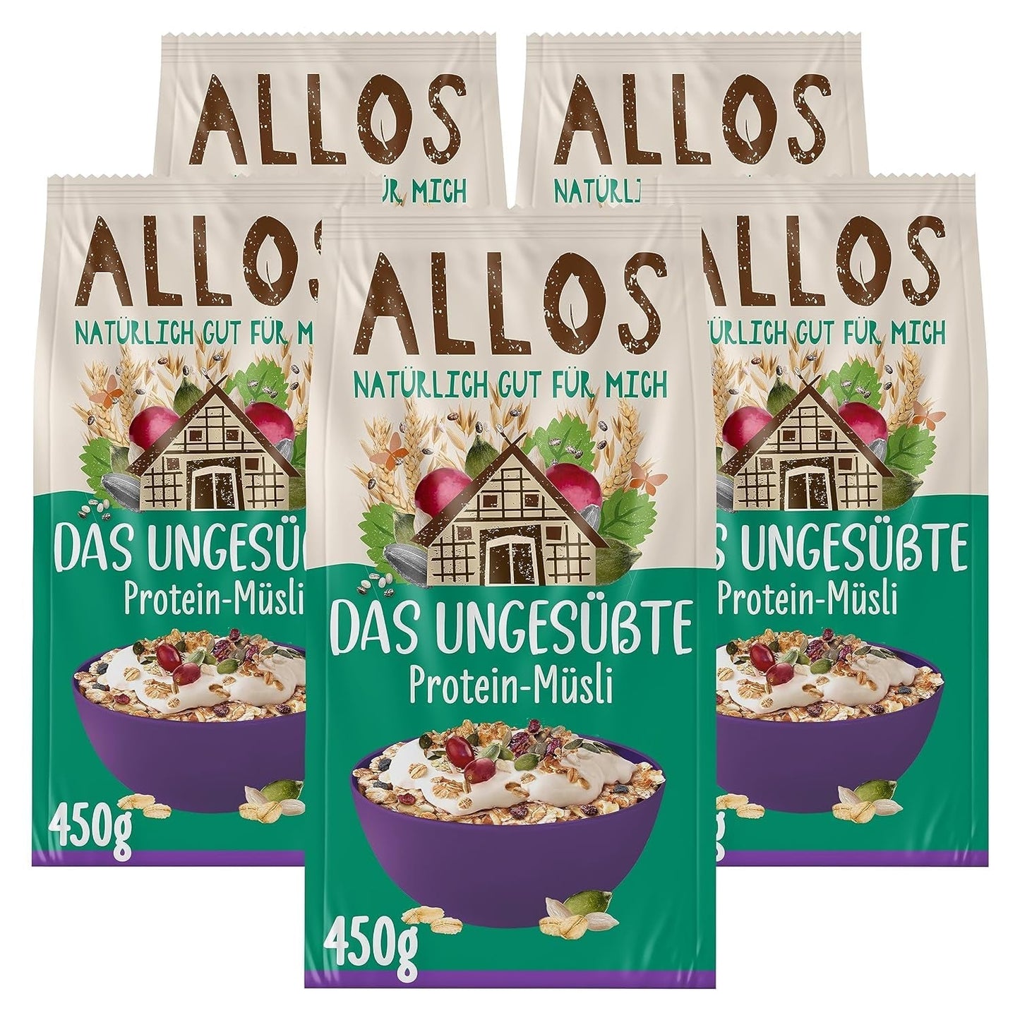 Allos niesłodzone musli białkowe | Organiczne musli | Płatki owsiane | Płatki śniadaniowe | Wegańskie (5 x 450g), 1 sztuka (opakowanie 5 szt.)