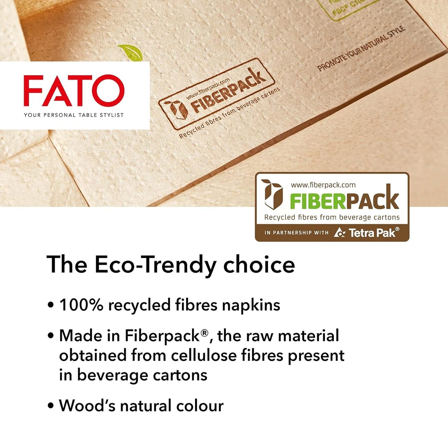 Fato - Naturalne 4-składane jednorazowe serwetki papierowe, przyjazne dla środowiska, 40 szt., rozmiar 38X38, 2 warstwy, 100% papier makulaturowy