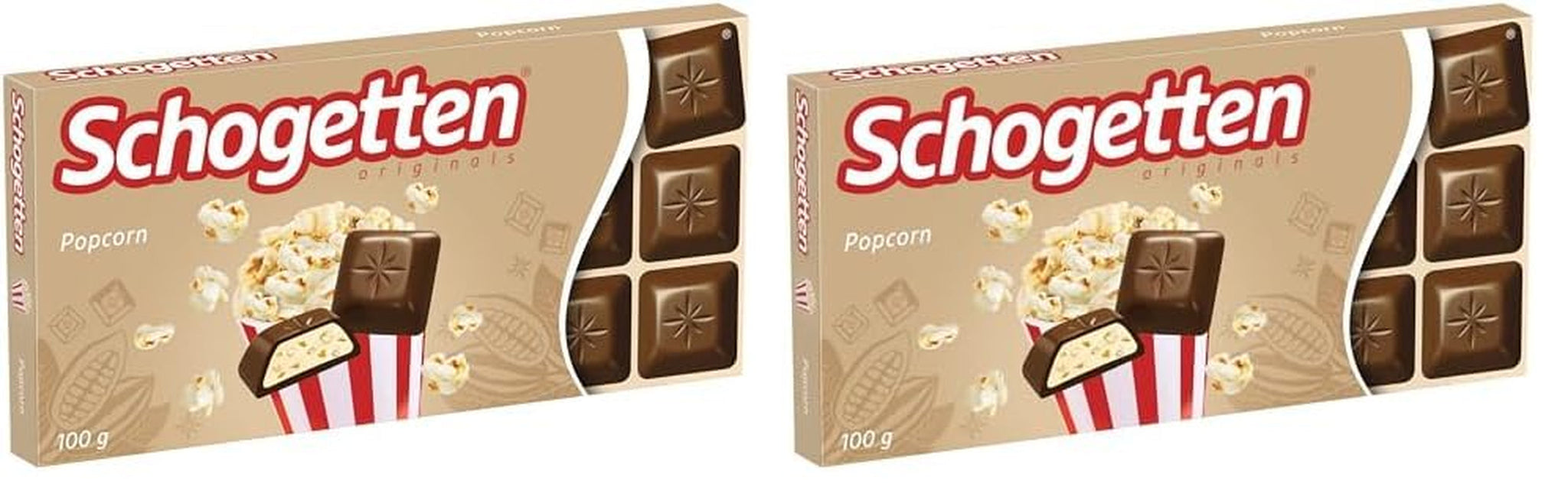 Popcorn Schogetten 1 tabliczka czekolady x 100 g, czekolada mleczna z popcornem i kawałkami kukurydzy, praktyczne pojedyncze sztuki. Przysmak. Kawałek po kawałku.