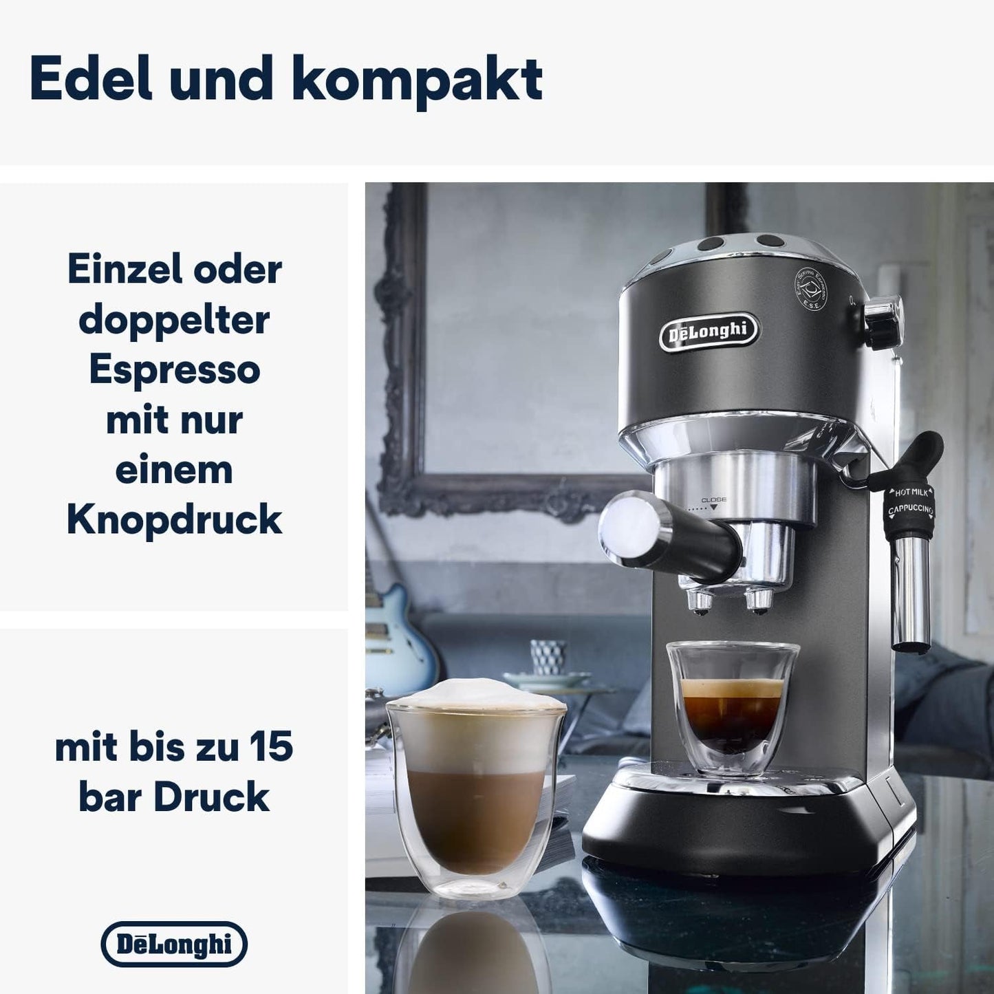 De'Longhi Dedica Style EC 685.B – Ekspres do espresso z kolbą, ekspres do kawy z profesjonalnym spieniaczem do mleka, szerokość tylko 15 cm, na kawę mieloną lub kapsułki ESE, zbiornik na wodę 1 l, kolor czarny