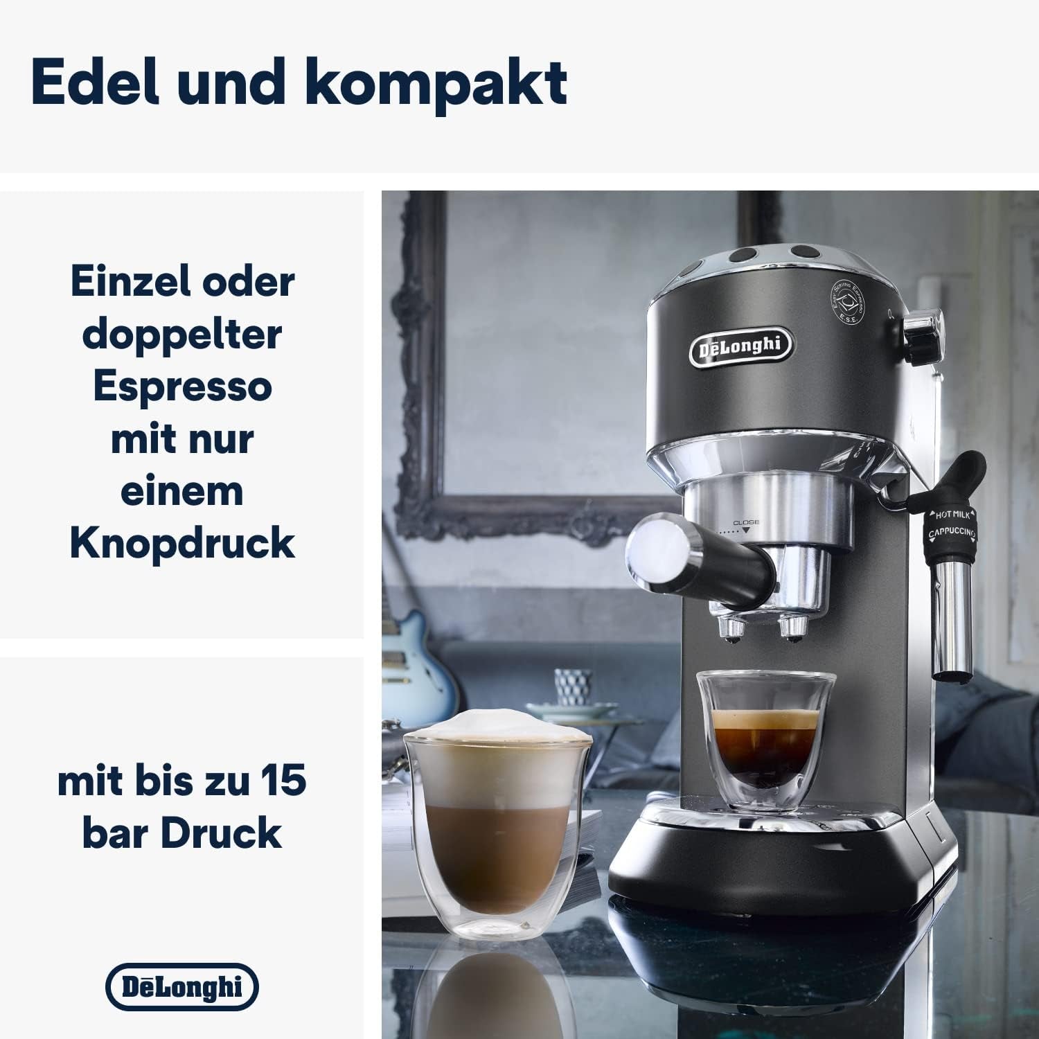 De'Longhi Dedica Style EC 685.B – Ekspres do espresso z kolbą, ekspres do kawy z profesjonalnym spieniaczem do mleka, szerokość tylko 15 cm, na kawę mieloną lub kapsułki ESE, zbiornik na wodę 1 l, kolor czarny