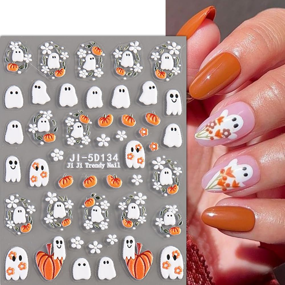 JMEOWIO 3D Nagelsticker Halloween Nail Art Naklejka Selbstklebend Nagelaufkleber 5D Stereoskopisch Süßer Geisterkürbis Dekoration Nageldesign Zubehör 4 Blatt
