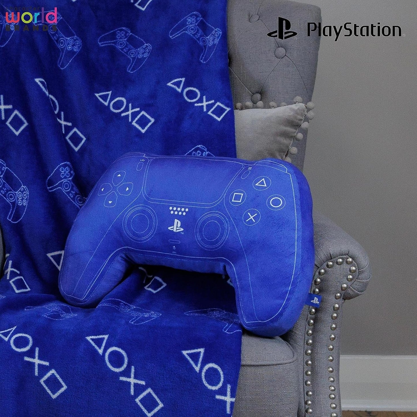 Świat postaci: Oficjalnie licencjonowana poduszka w kształcie kontrolera Playstation, projekt słuchawki, wypchana pluszowa poduszka | Niebieskie standardowe poduszki Naty Shop, idealne do dekoracji sypialni lub zabaw