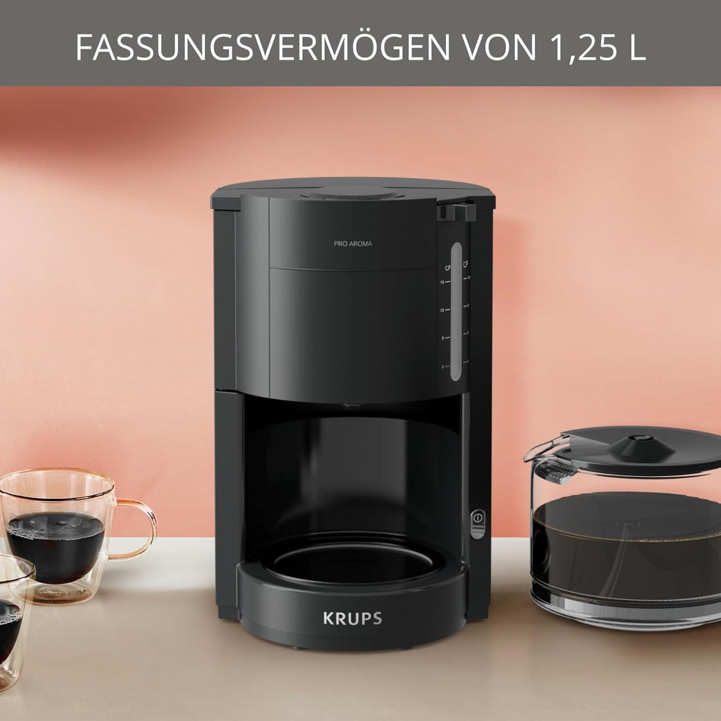 Krups F30908 ProAroma Ekspres do espresso z filtrem i szklaną karafką, pojemność 1,25 l, 10-15 filiżanek, 1050 W, czarny
