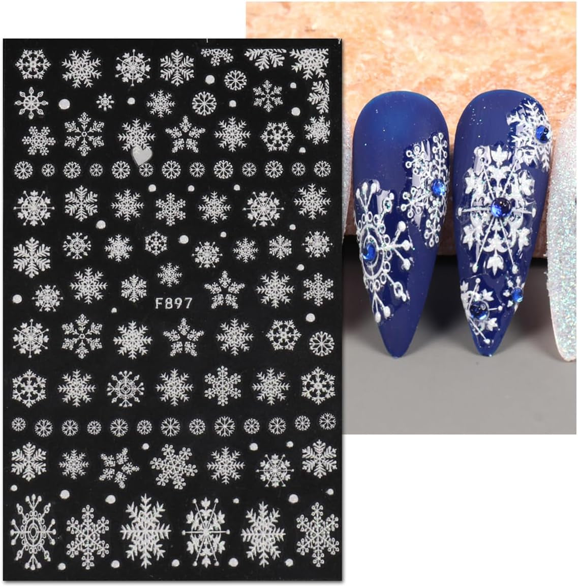 JMEOWIO Nagelsticker Weihnachten Weiß Glitter 8 Blatt Nail Art Naklejka Selbstklebend Nagelaufkleber Schneeflocke Zimowe wakacje Dekoracja Nageldesign Zubehör