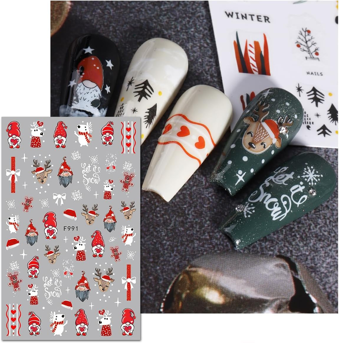 JMEOWIO Nagelsticker Weihnachten 10 Blatt Nail Art Naklejka Selbstklebend Nagelaufkleber Schneeflocke Winter Urlaub Süß Dekoration Nageldesign Zubehör