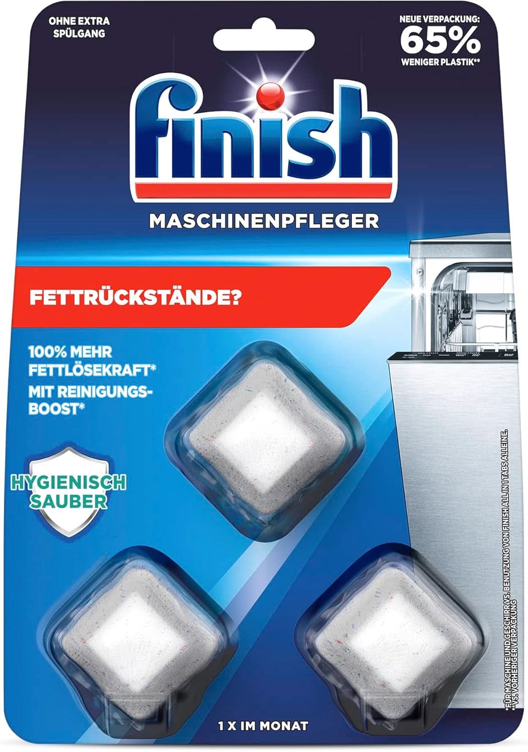 Tabletki do czyszczenia maszyn Finish - Tabletki do zmywarki przeciw brudowi i tłuszczowi wewnątrz zmywarki, 3 tabletki Naty Shop