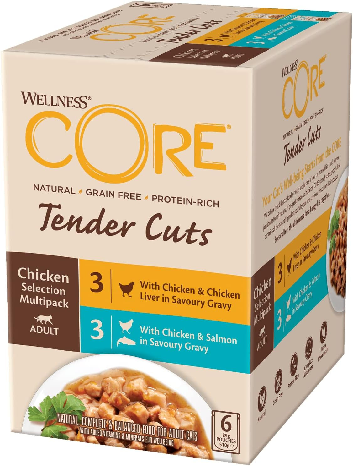 Wellness CORE Tender Cuts 6 x 85g, Chicken Selection Mix - Mokra karma dla kotów, delikatne kawałki w sosie, bez zbóż, naturalna, hipoalergiczna, bogata w białko, o wysokiej zawartości mięsa