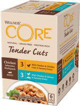 Wellness CORE Tender Cuts 6 x 85g, Chicken Selection Mix - Mokra karma dla kotów, delikatne kawałki w sosie, bez zbóż, naturalna, hipoalergiczna, bogata w białko, o wysokiej zawartości mięsa