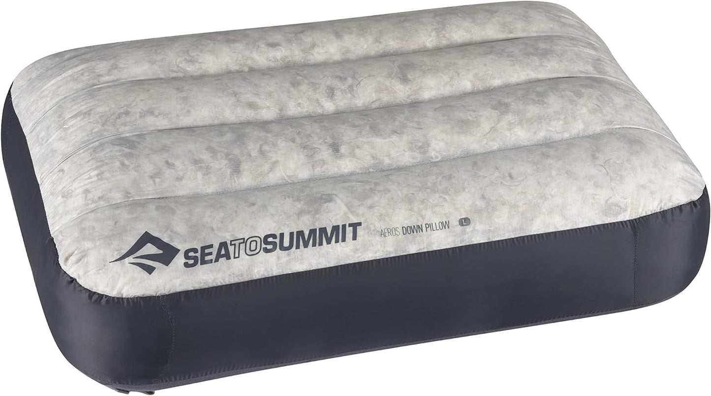 Sea to Summit - Poduszka podróżna Eros Down L - Ultralekka i nadmuchiwana - Materiał 10D - Poduszka puchowa Premium - Antypoślizgowa - Do uprawiania turystyki pieszej i kempingu - 42 x 28 x 12 cm - Szary - 95 G Poduszki podróżne Naty Shop duże szare