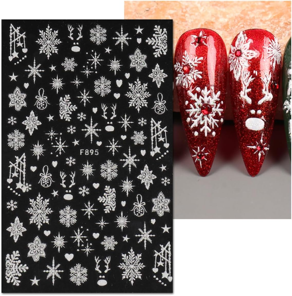 JMEOWIO Nagelsticker Weihnachten Weiß Glitter 8 Blatt Nail Art Naklejka Selbstklebend Nagelaufkleber Schneeflocke Zimowe wakacje Dekoracja Nageldesign Zubehör