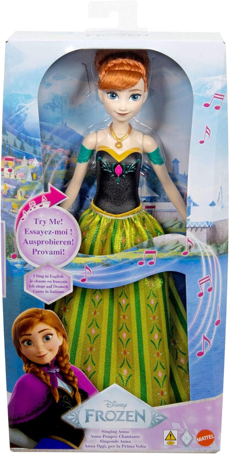 Mattel Toys Disney Frozen Anna śpiewająca lalka modowa w kultowym stroju śpiewa „po raz pierwszy” z filmu Disneya w języku angielskim, francuskim, niemieckim, włoskim, JDL59