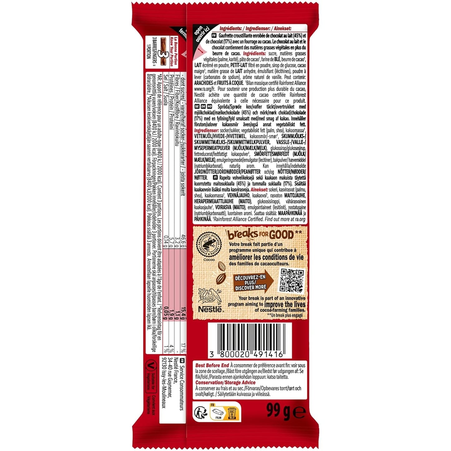 Nestlé Hazelnut Bar Chrupiący wafelek z kremowym nadzieniem z orzechów laskowych i marmurkową czekoladą, 2 opakowania (1 x 99 g)