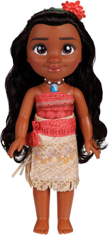 Lalka Disney Princess Moana 35 cm, odblaskowe, brokatowe oczy, ruchome stawy, odpinany strój, klips w kształcie kwiatka, długie włosy, dla dziewczynek w wieku 3 lat i więcej