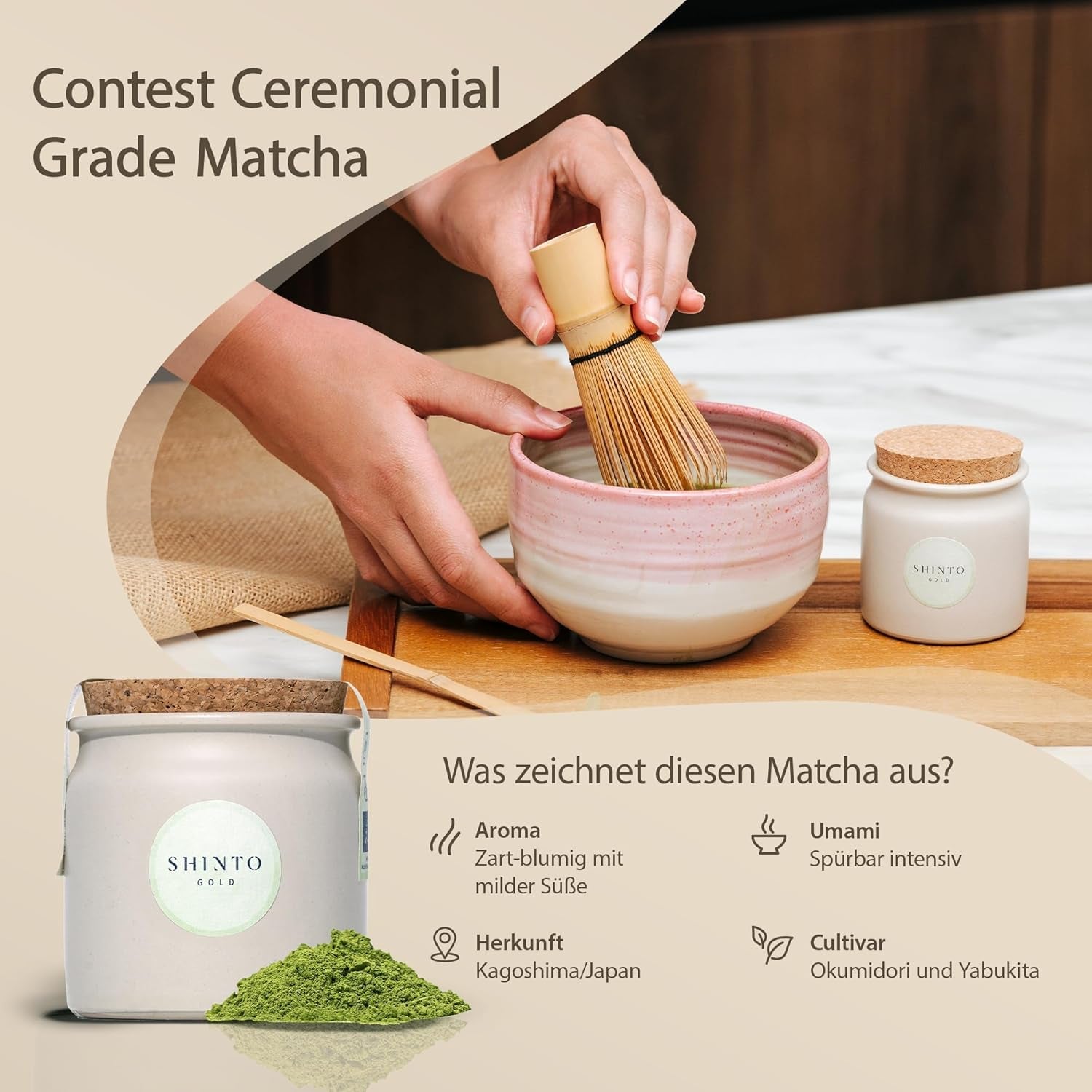 Shinto - „Złota” organiczna herbata Matcha – ceremonialna zielona herbata w proszku – certyfikat JAS i UE BIO – cieniowana i zbierana ręcznie – bezpośredni import z Uji w Japonii – 30g