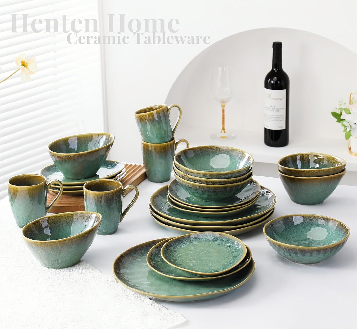 Henten Home Specjalne talerze kamionkowe, miski na przekąski i sosy - 20x17cm dla 4 osób, porcelanowe talerze śniadaniowe - nowoczesny zielony design